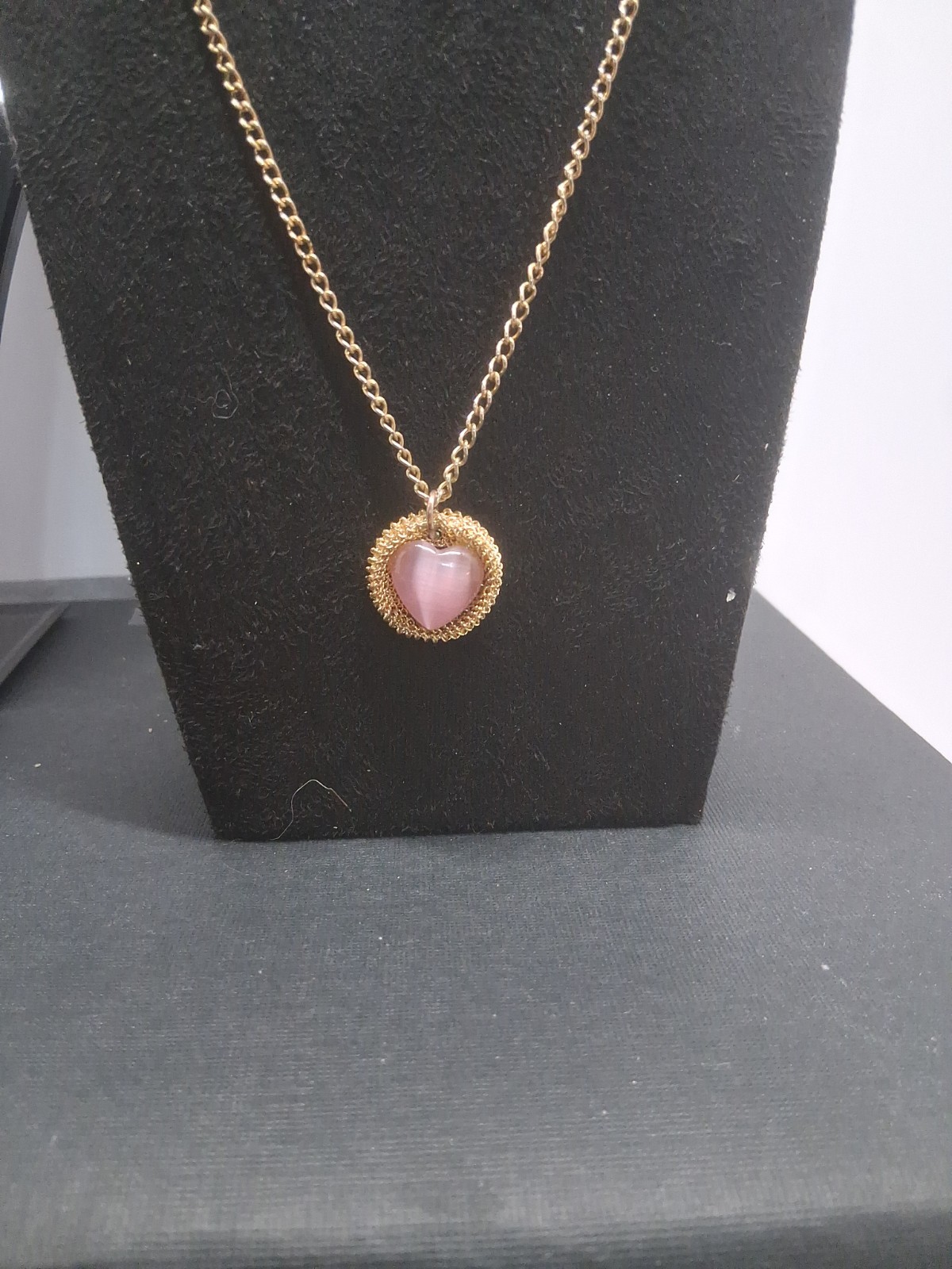 Vintage Gold Tone Pink Cabochon Mesh Medallion Necklace Statement Jewelry