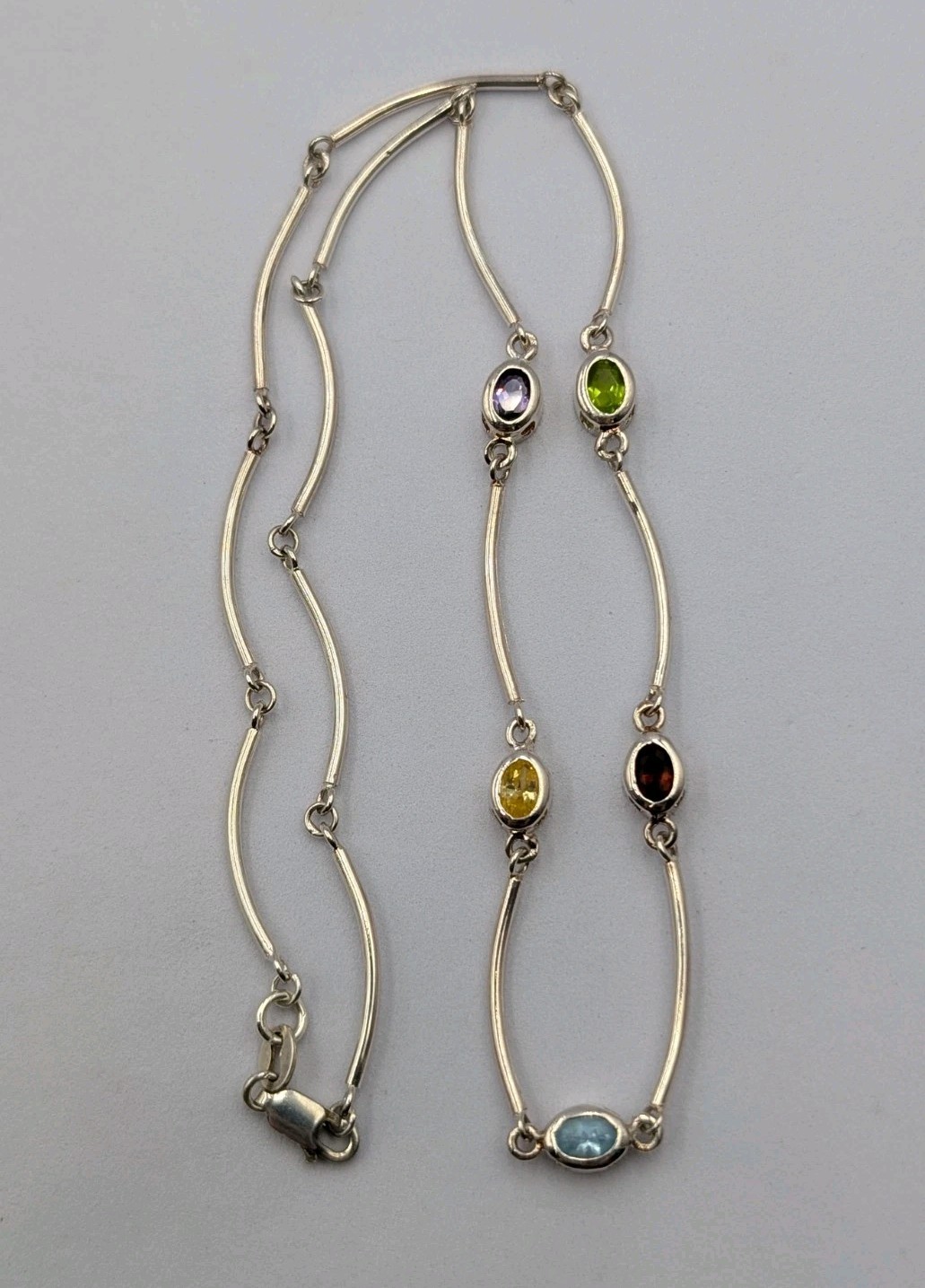 Vtg Sterling Silver Lab Created Gemstones Curved Tube Links 925 Necklace – 17.5″