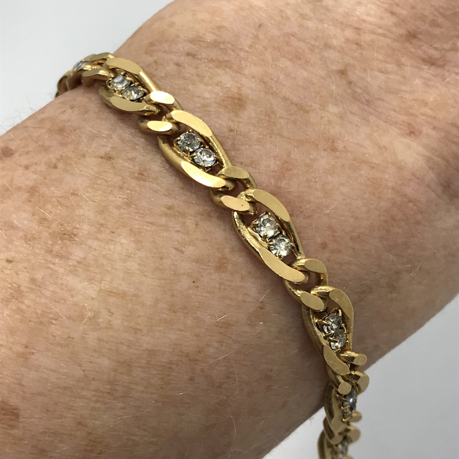 Vintage Delicate Gold Tone Chain & Crystal Accented Tennis Bracelet sz 6.75″