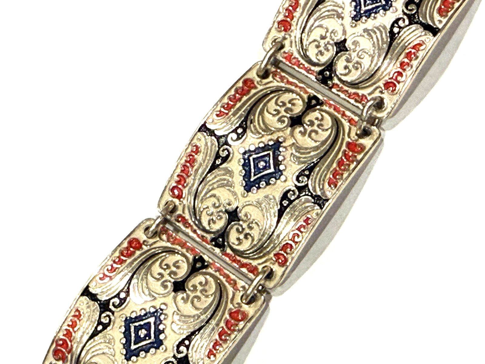 WEST GERMANY RED WHITE BLUE ENAMEL SILVER PANEL LINK 8″ BRACELET VINTAGE EUC