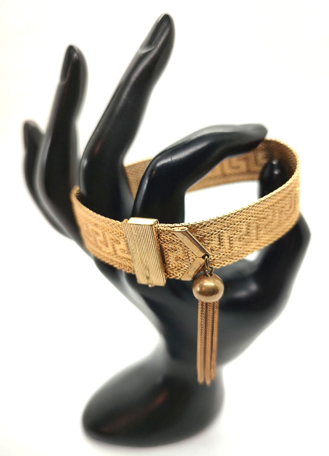 Art Deco Byzantine Greek Key Chain Tassel Gold Tone Mesh Slide Bracelet!
