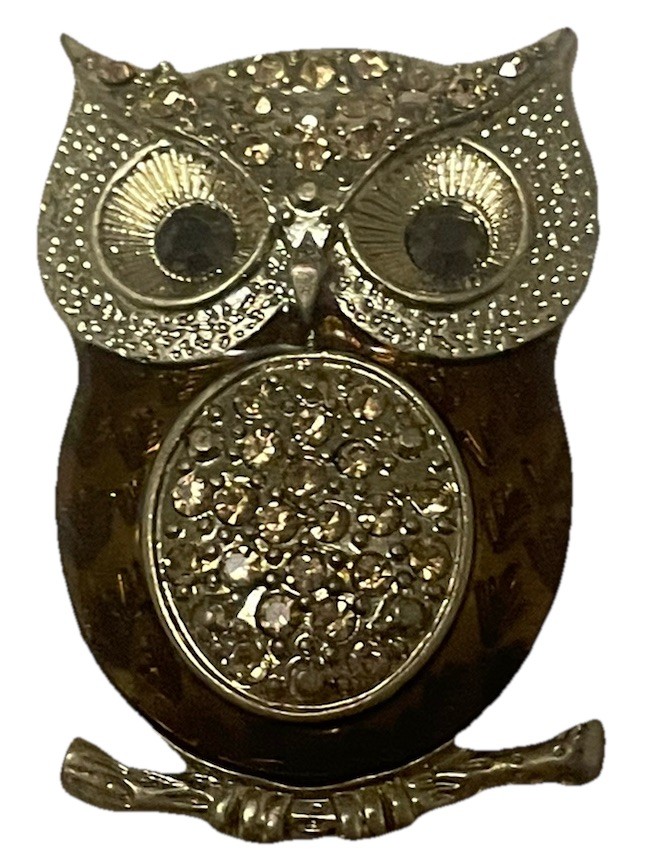 Vintage Rhinestone Owl Brooch Pin Gold Tone Brown Enamel Retro Costume Jewelry
