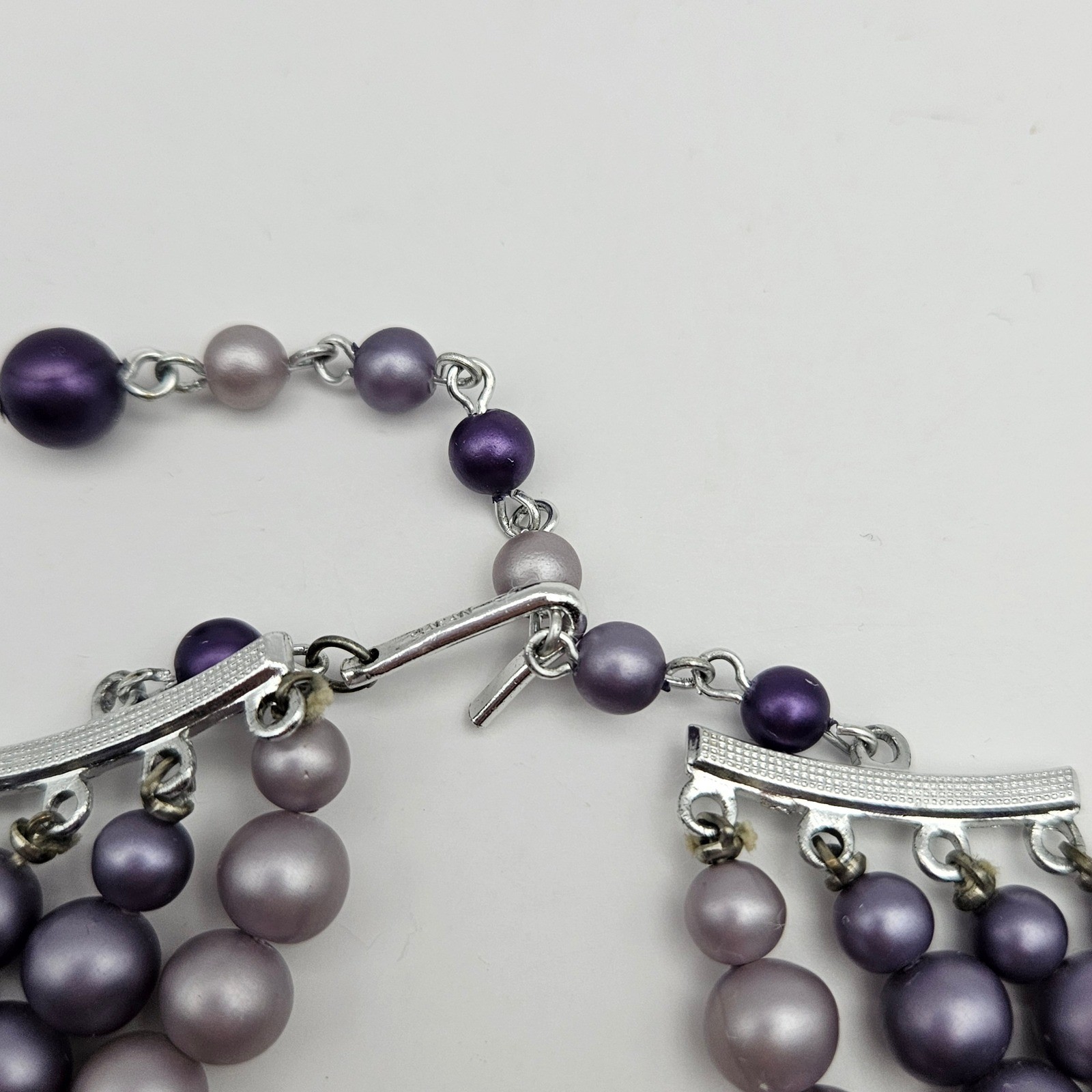 Vintage Purple Ombre Faux Pearl Bead 4 Strand Bib Necklace Graduated Lavender