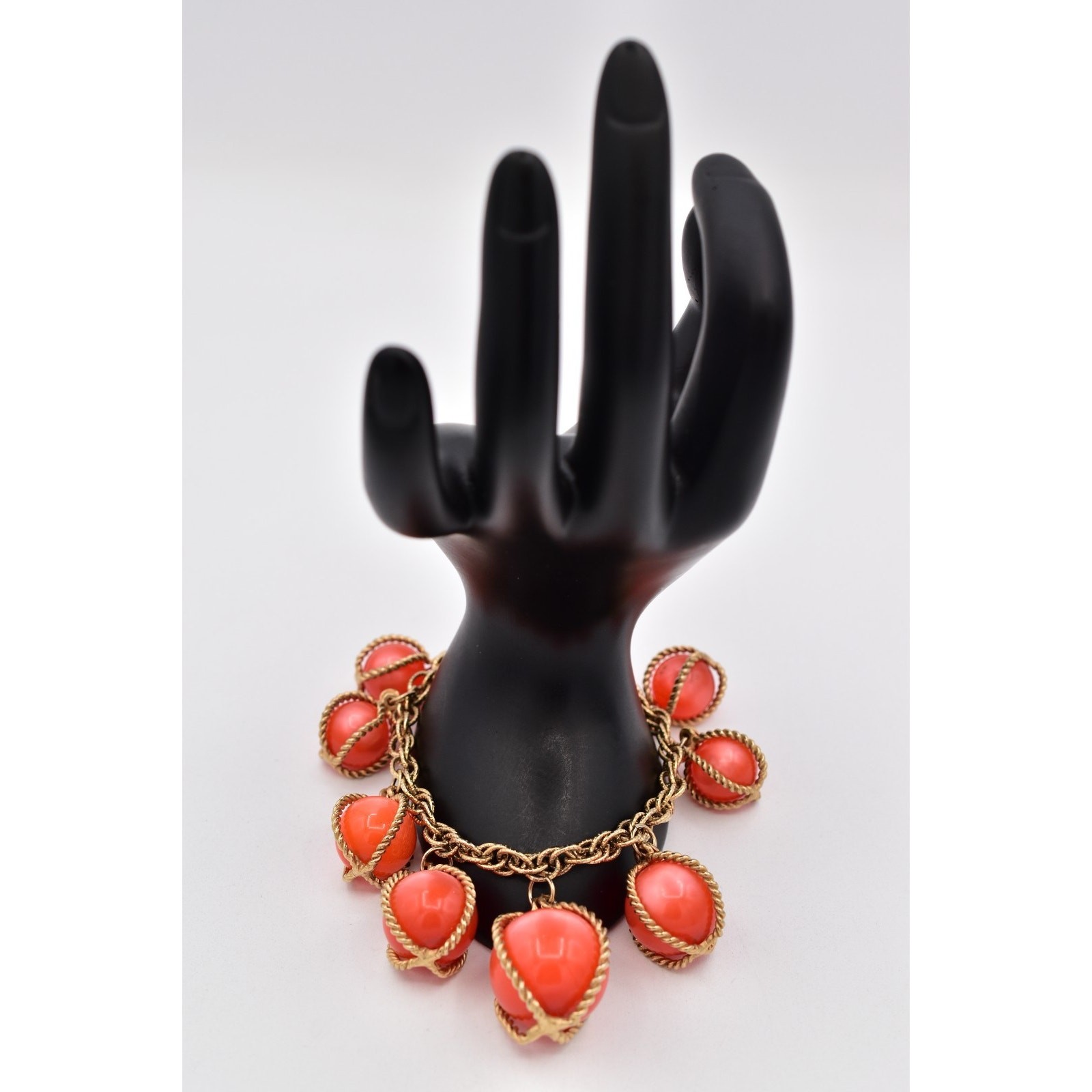 Vintage Ornament Caged Ball Beaded Chain Bracelet Charm Gold Chunky 1970s BinAW