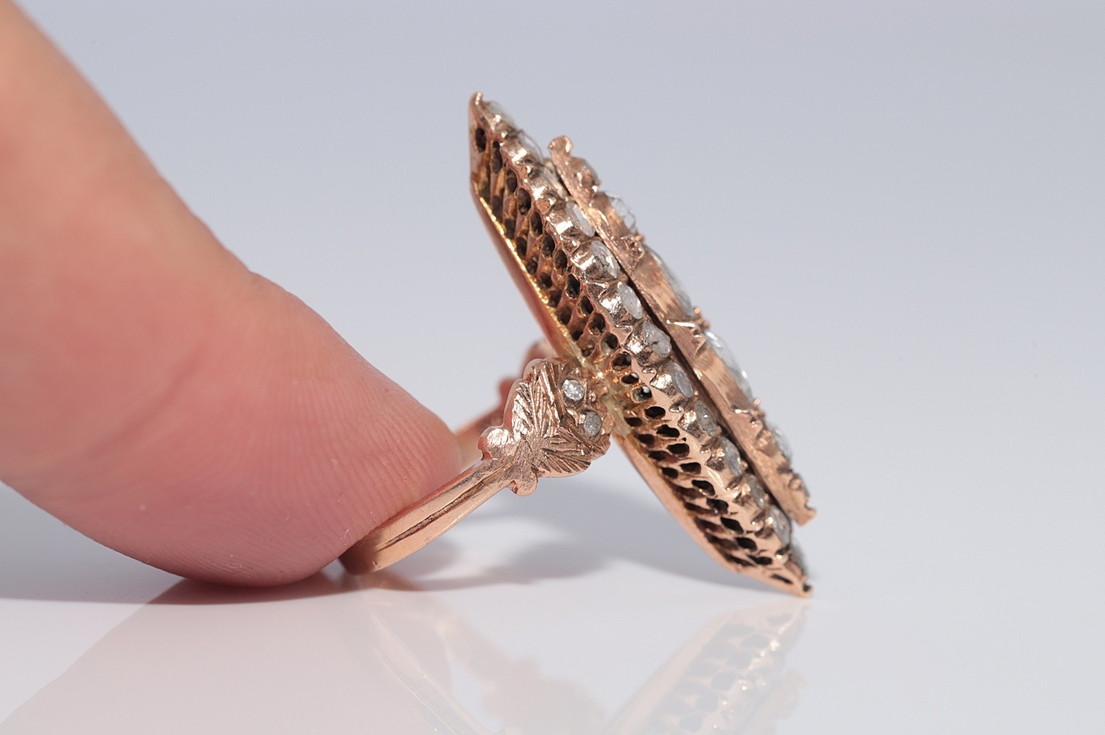 Vintage Circa 1950s 9k Gold Estate Natural Rose Cut Diamond Navette Ring