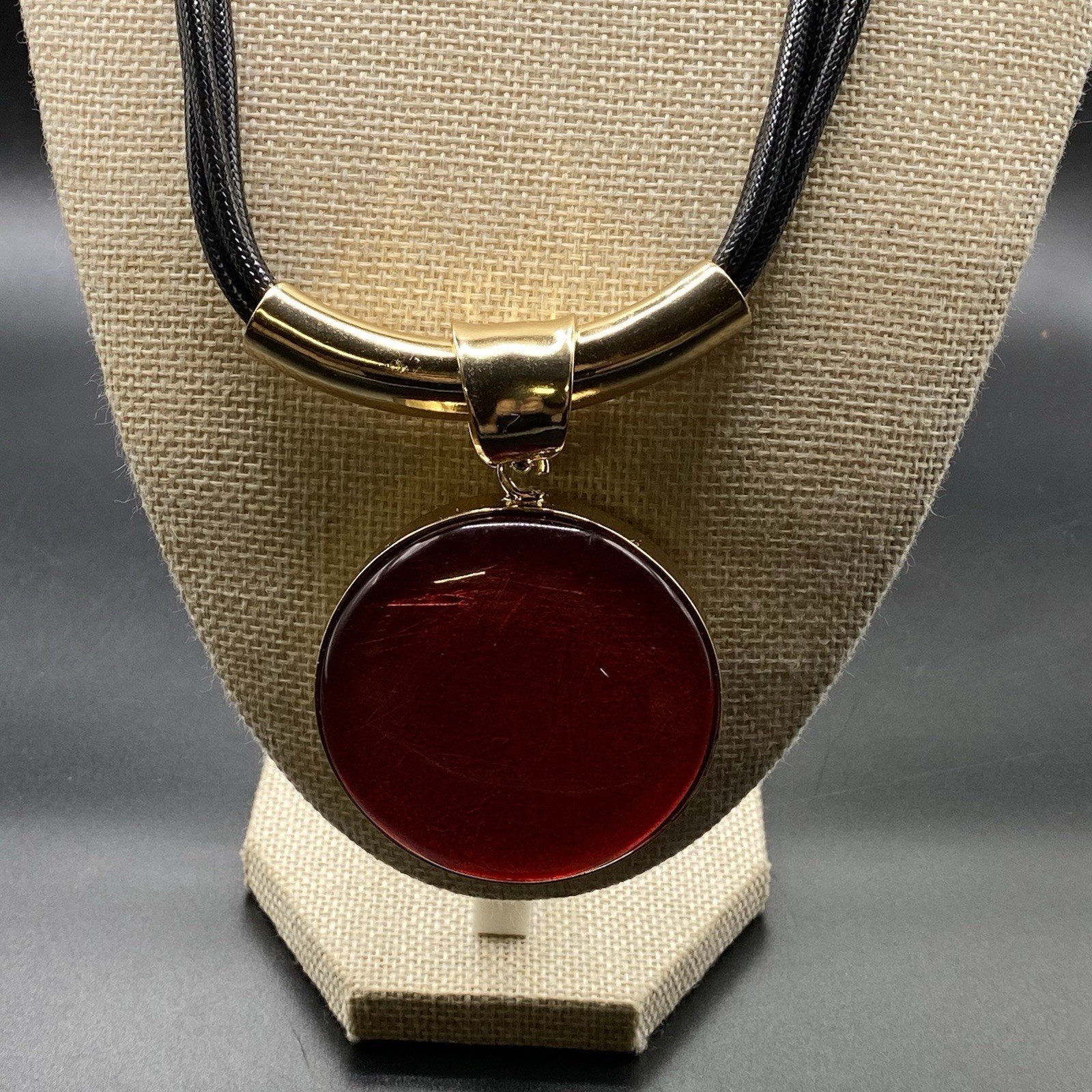 NWT Chicos Red Cabochon Necklace Medallion Large Gold Tone