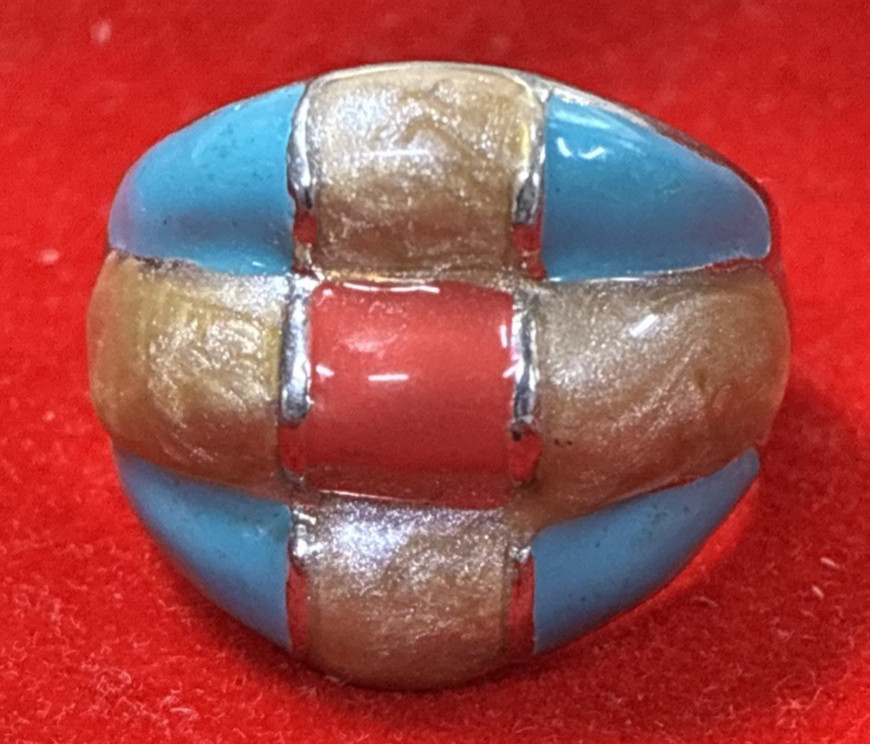 Vintage Unisex Adult Silver-Tone Taupe Red Blue Ring Size 8 (FC118-1 Q6246