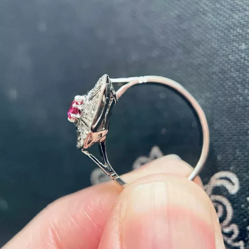 Art Deco Style Lab Created Diamond & Ruby Engagement 14K White Gold Finish Ring