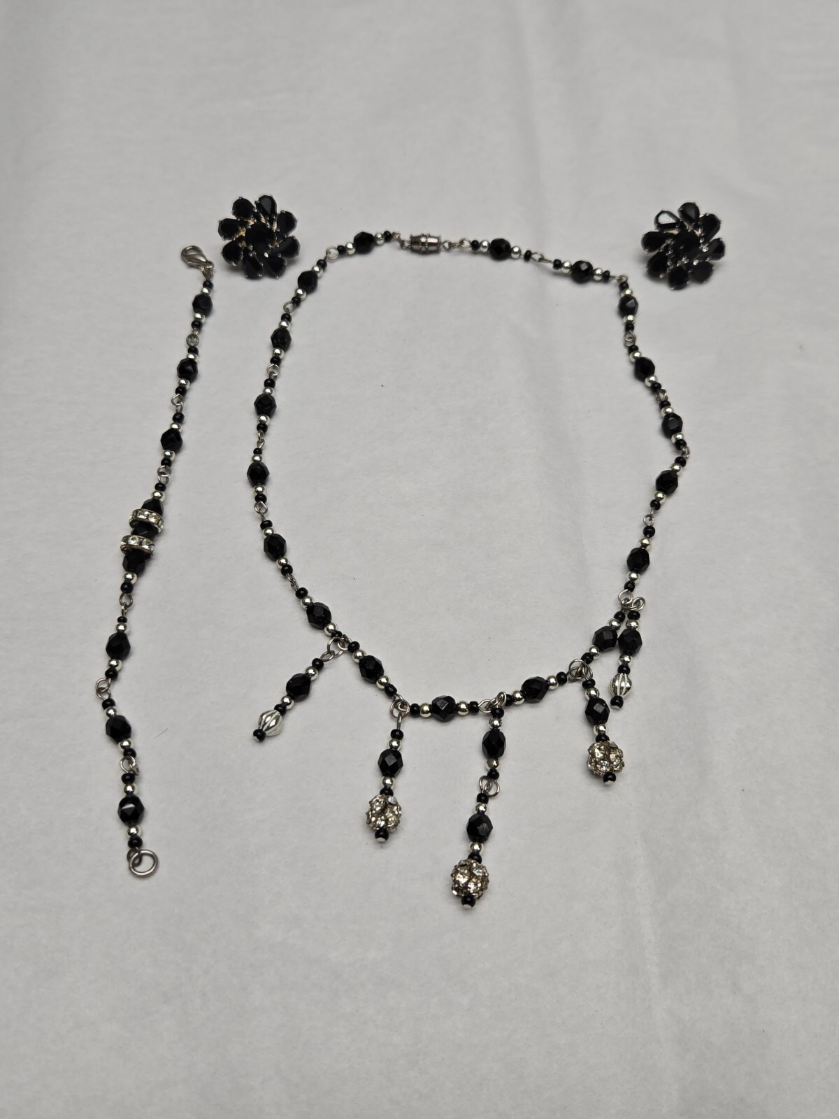 Art Deco Rhinestone Earrings, Necklace & bracelet Set Black Clear