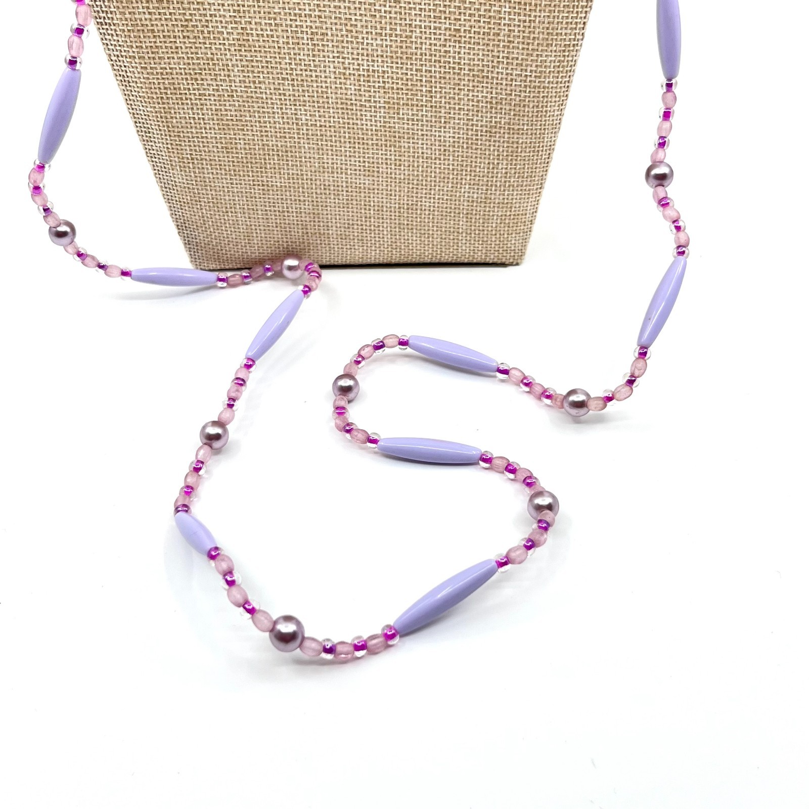Vintage Lavender Purple Beaded Strand Necklace Long Boho Faux Pearl Mixed Beads