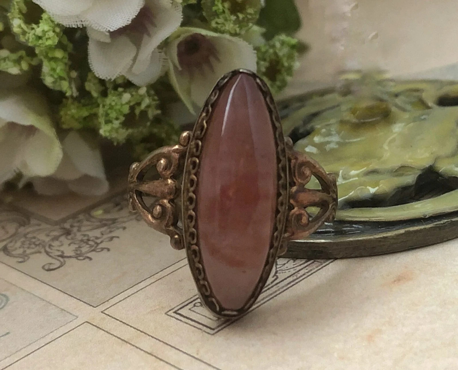 Estate Jewelry Marquise Ring Rare Vintage Soviet Agate Silver 875 USSR Size 10.5