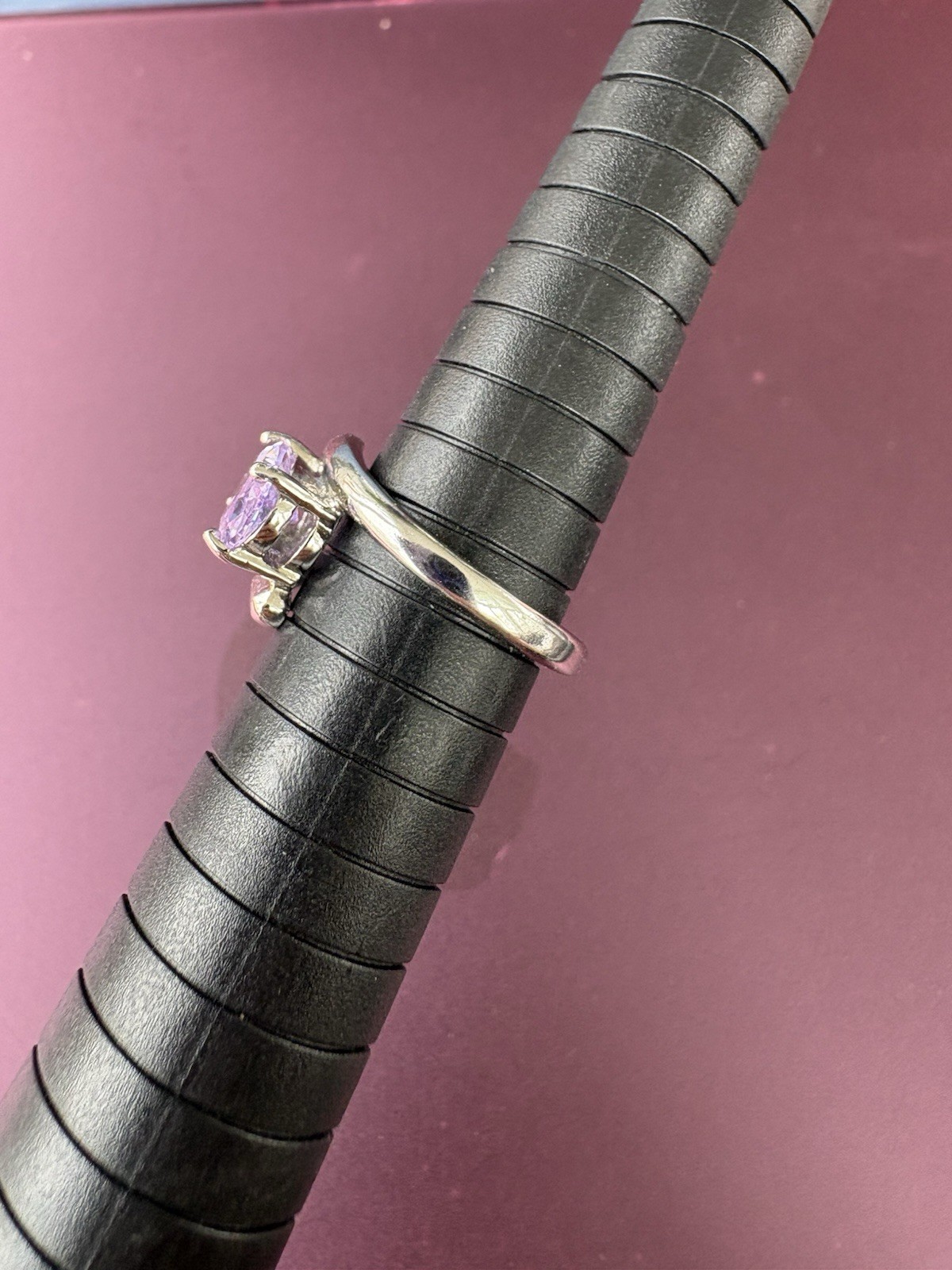 GR China Silver Tone Ring With Purple Rhinestone Size 6 3/4