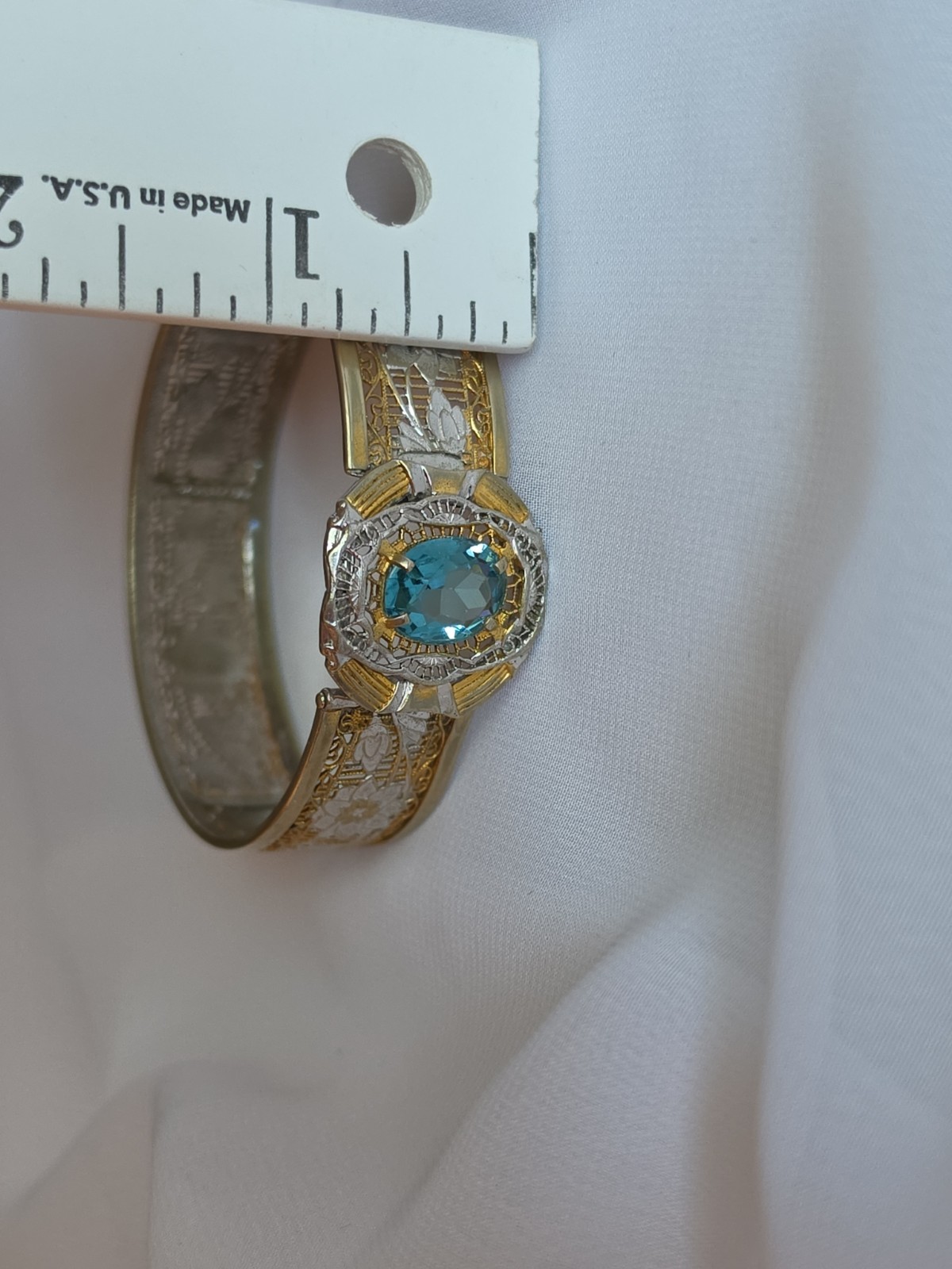 1930s Art Deco Filigree Bracelet Hinged JJ White Mfg Co Pat 1955576 Blue Gem