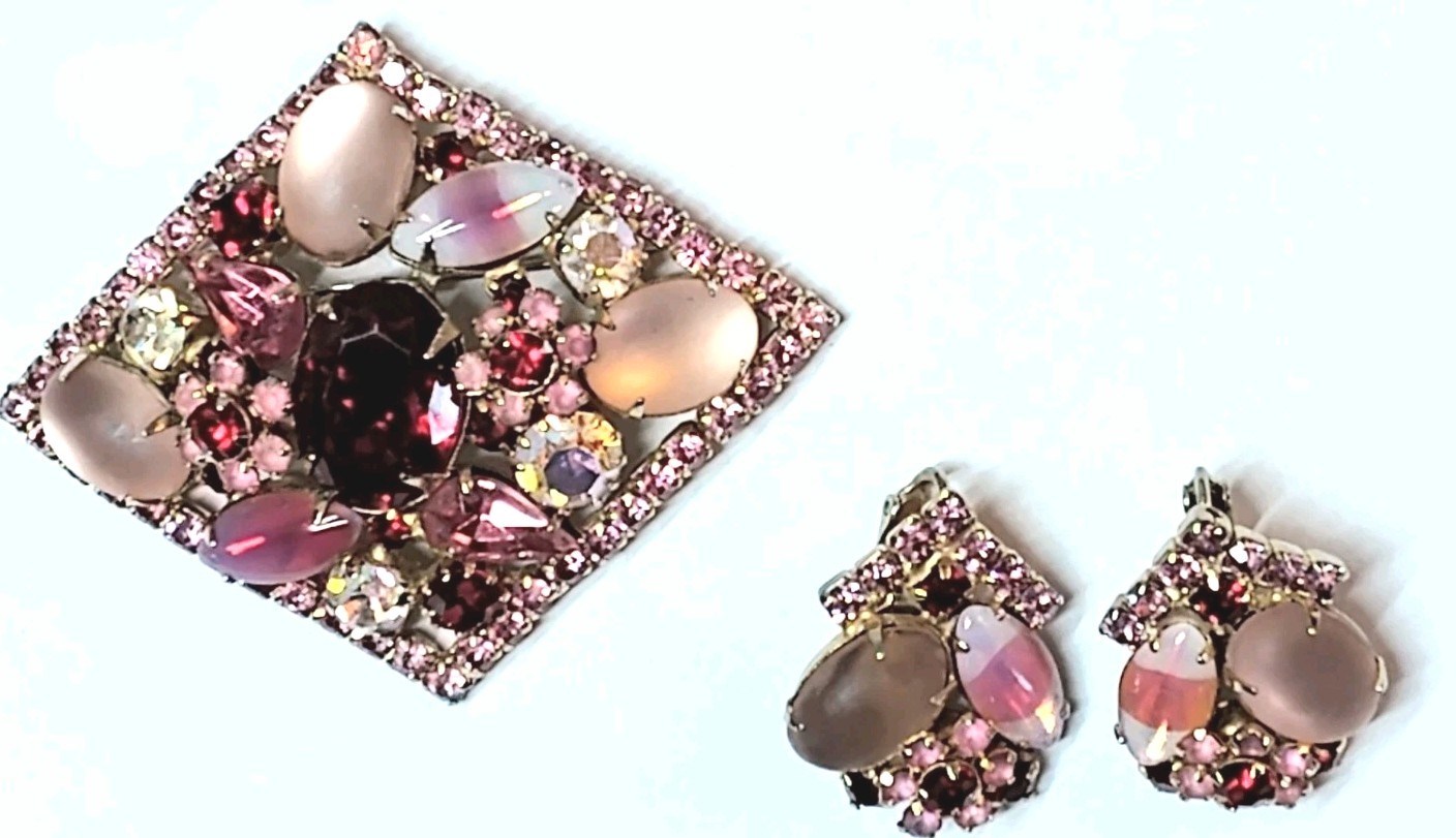 Vintage Stunning Givre Pink Red Clear AB Rhinestone Brooch Pin Clip Earrings
