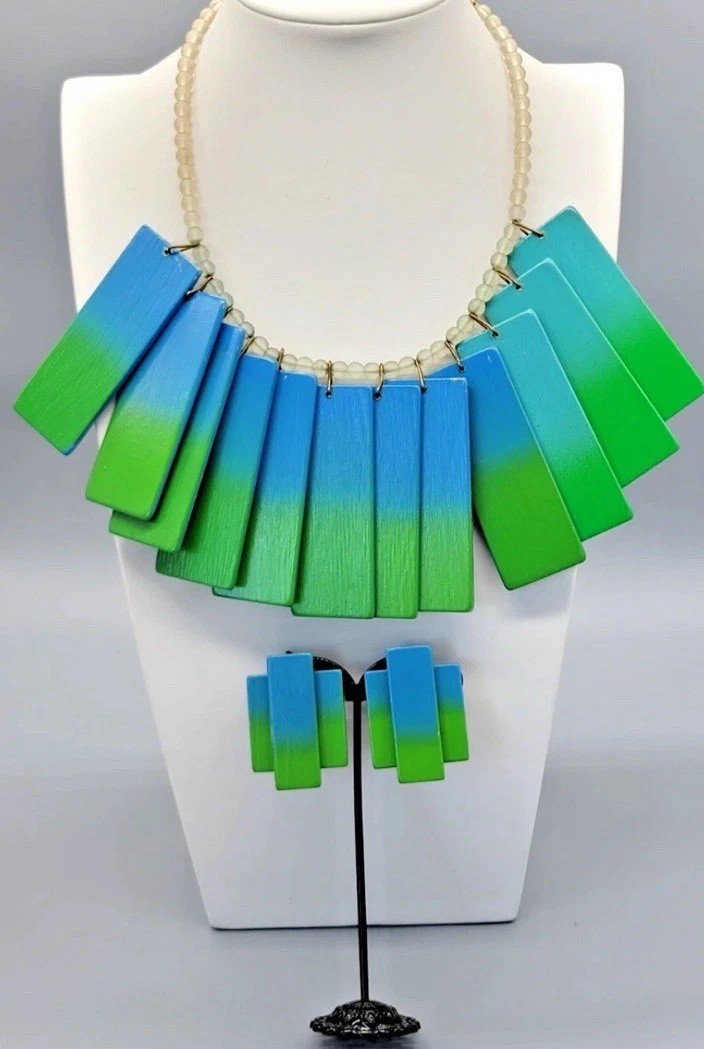 Vintage 1980s Bright Neon Bib Wood Necklace and earrings set Marked