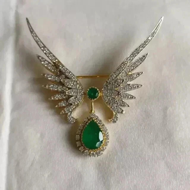 4Ct Pear Cut Lab Created Emerald Diamond Wedding Brooch 14K Yellow Gold Plated