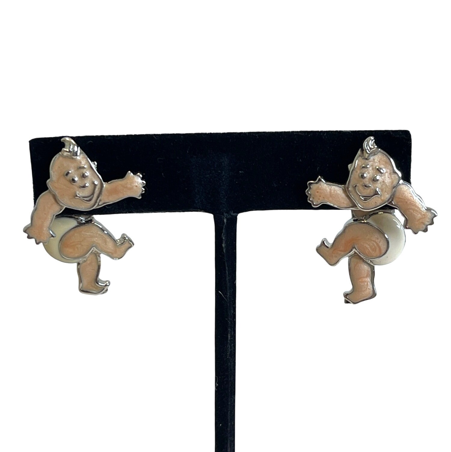 Vintage Edgar Berebi 3D Articulated Enamel Swivel Baby Earrings Diaper Kewpie