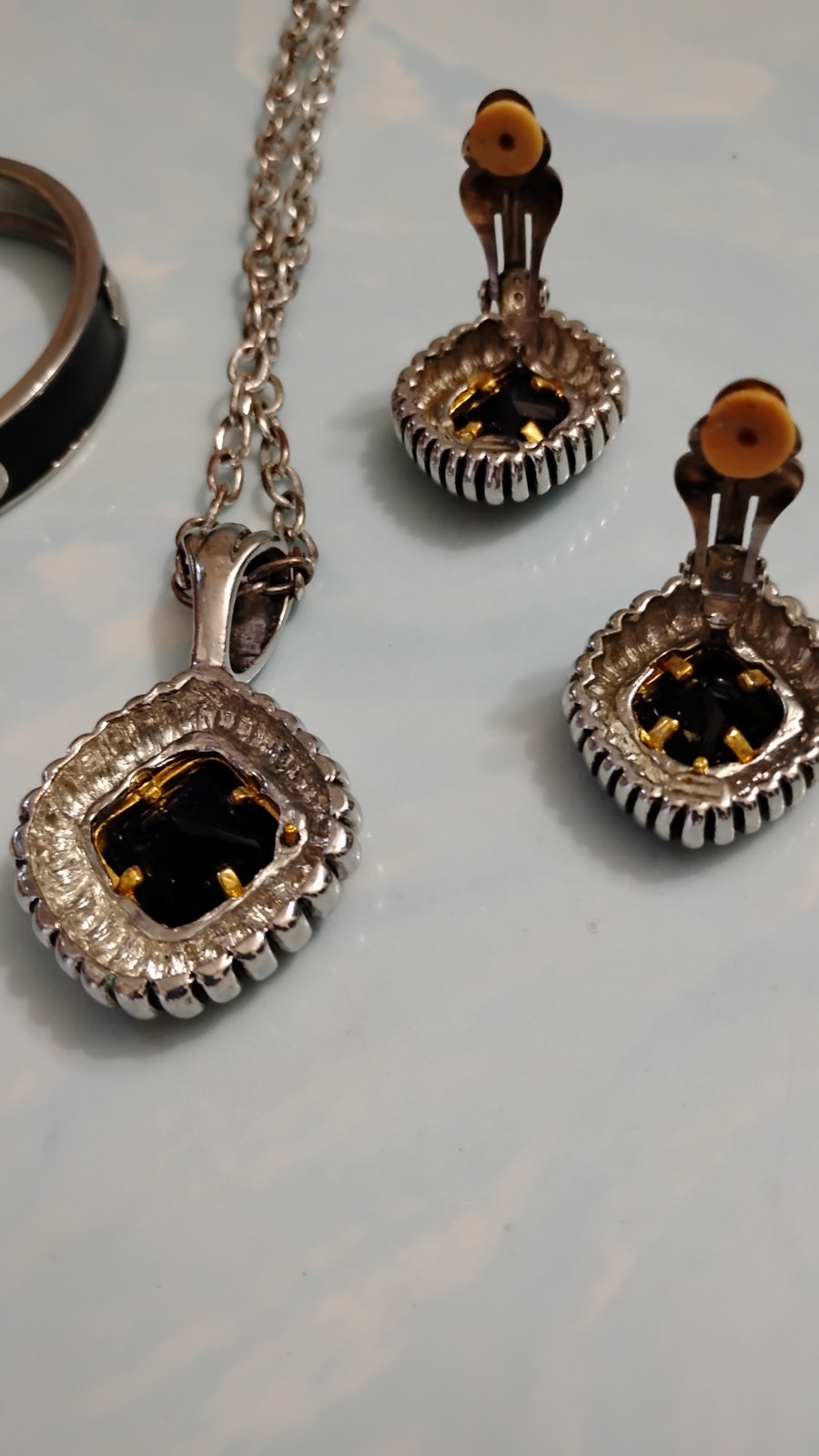 Vtg Black Glass Chatons Cabochon Necklace Earrings & Bangle Bracelet Set