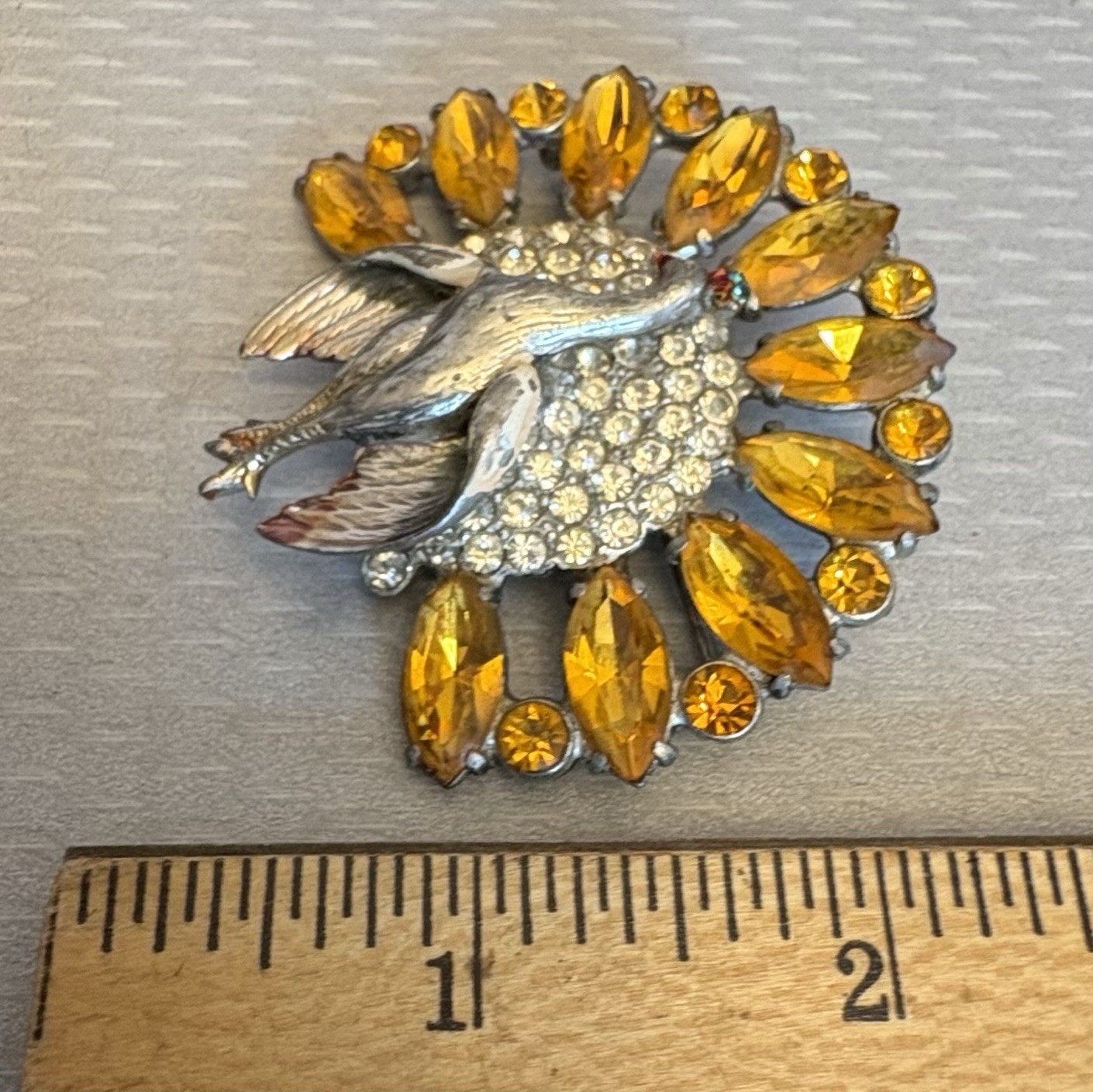 30s Vintage Pot Metal Peacock Brooch Amber Glass Marquise Pave Rhinestones 2.5″
