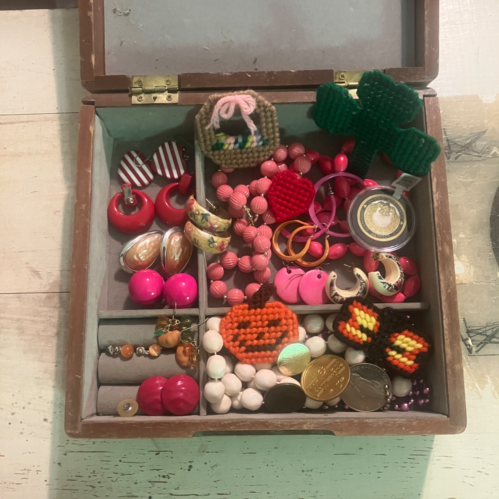 Lot of Vintage & Modern Costume Jewelry with Wooden Box Estate Junk Craft