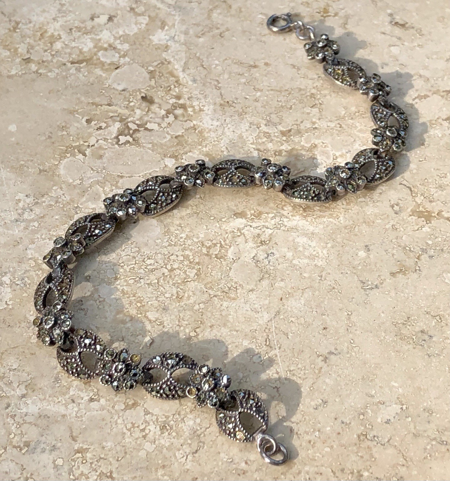 ✨VINTAGE Sterling Silver MARCASITE Floral 🌺Tennis Bracelet 🌟ESTATE Jewelry🌟