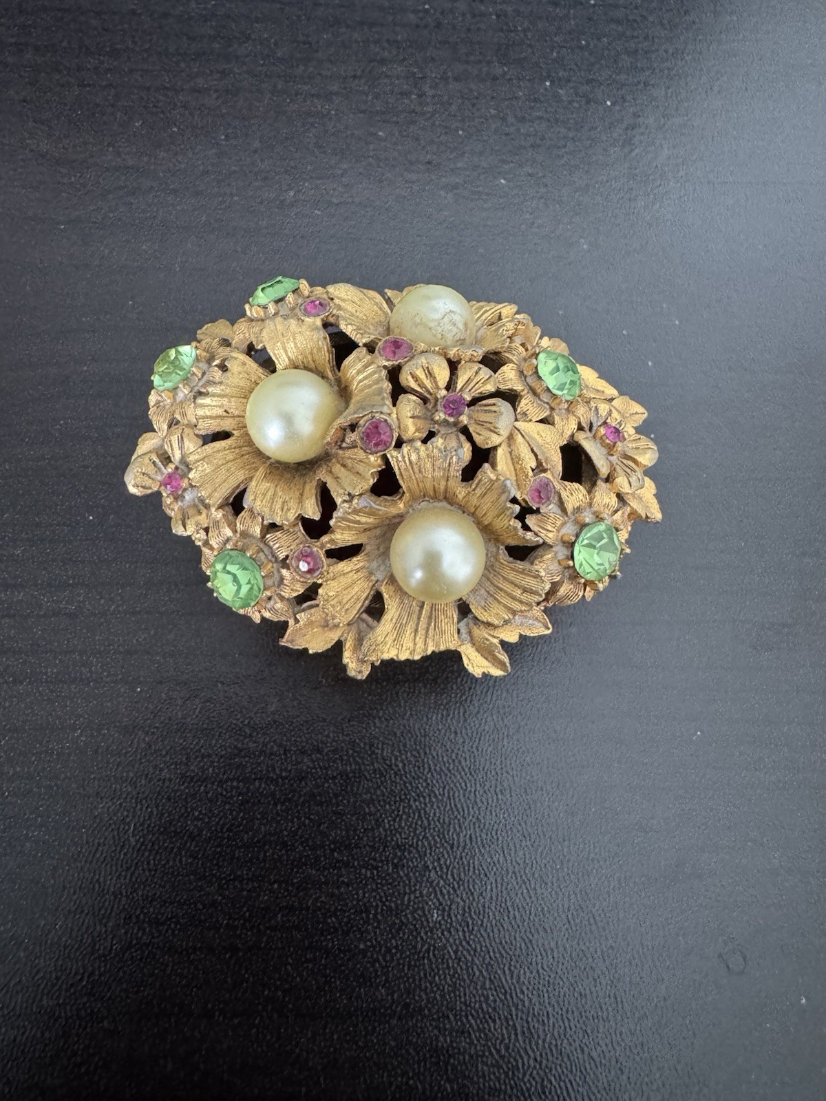 Vintage Gold Florenza Floral Bouquet Faux Pearl Green & Pink Rhinestone Box Set