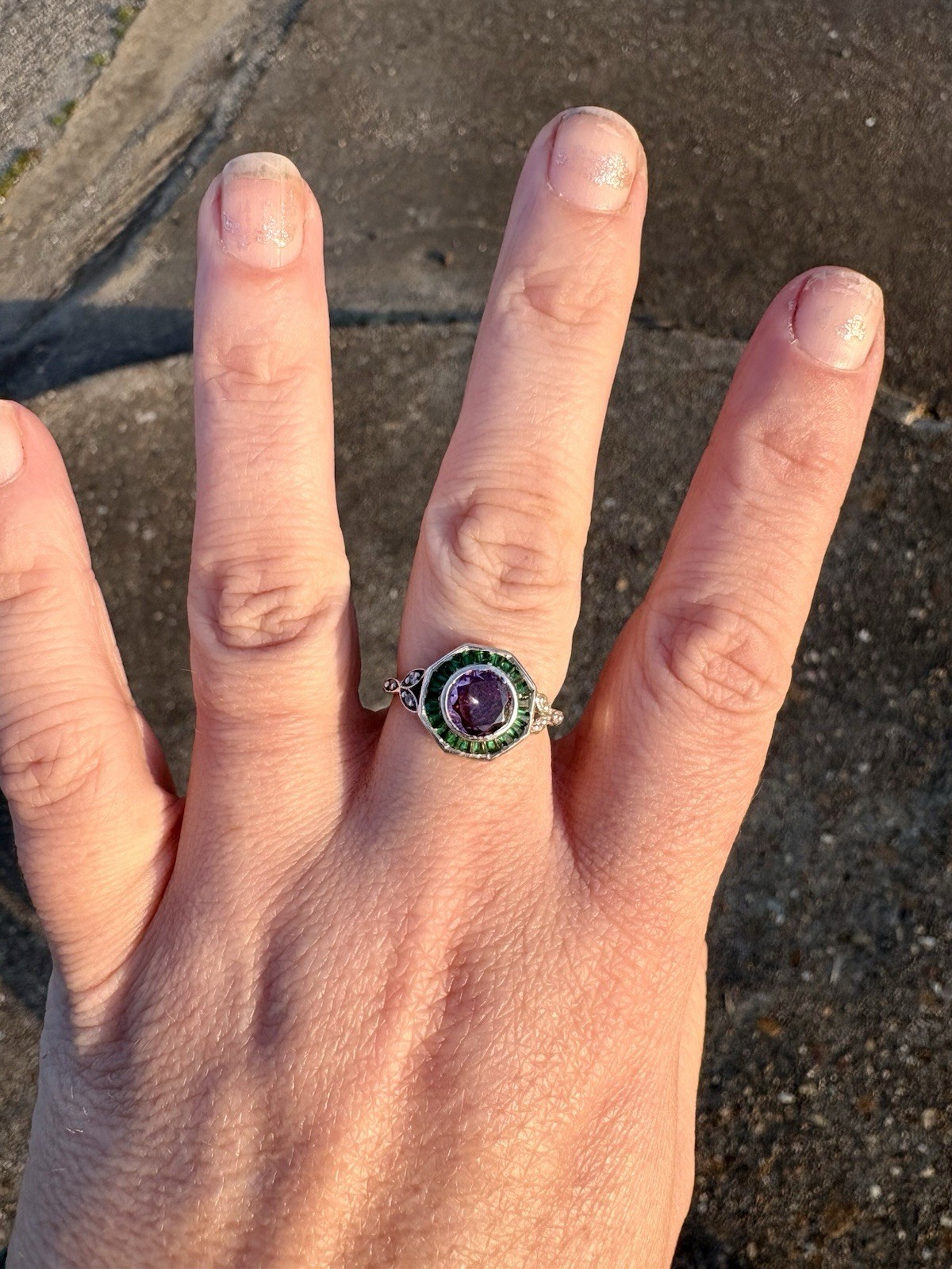 Art Deco Round Amethyst Lab Created Diamond Wedding 14Ct White Gold Finish Ring