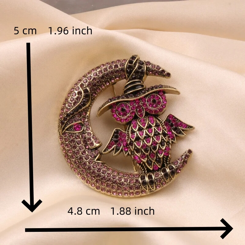 Retro Moon Rhinestone Crystal Owl Brooch Collectible Pin Accessory for Women