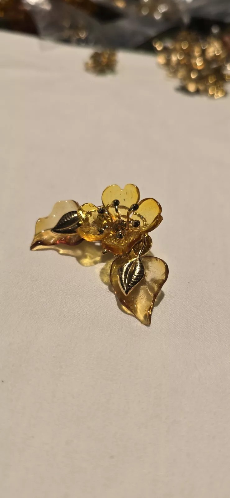 Golden Clear Mid-Century Dogwood Ear Climber Clip On Acetate Earrings#D2021