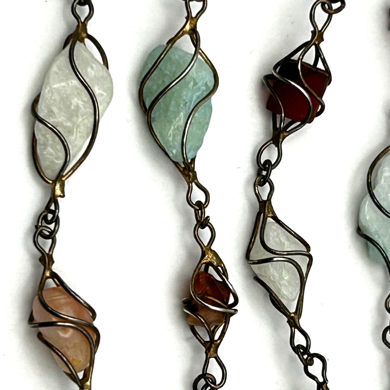 Vintage Gemstone Wire Wrapped 30” Necklace Garnet Jadeite Quartz Artisan Boho