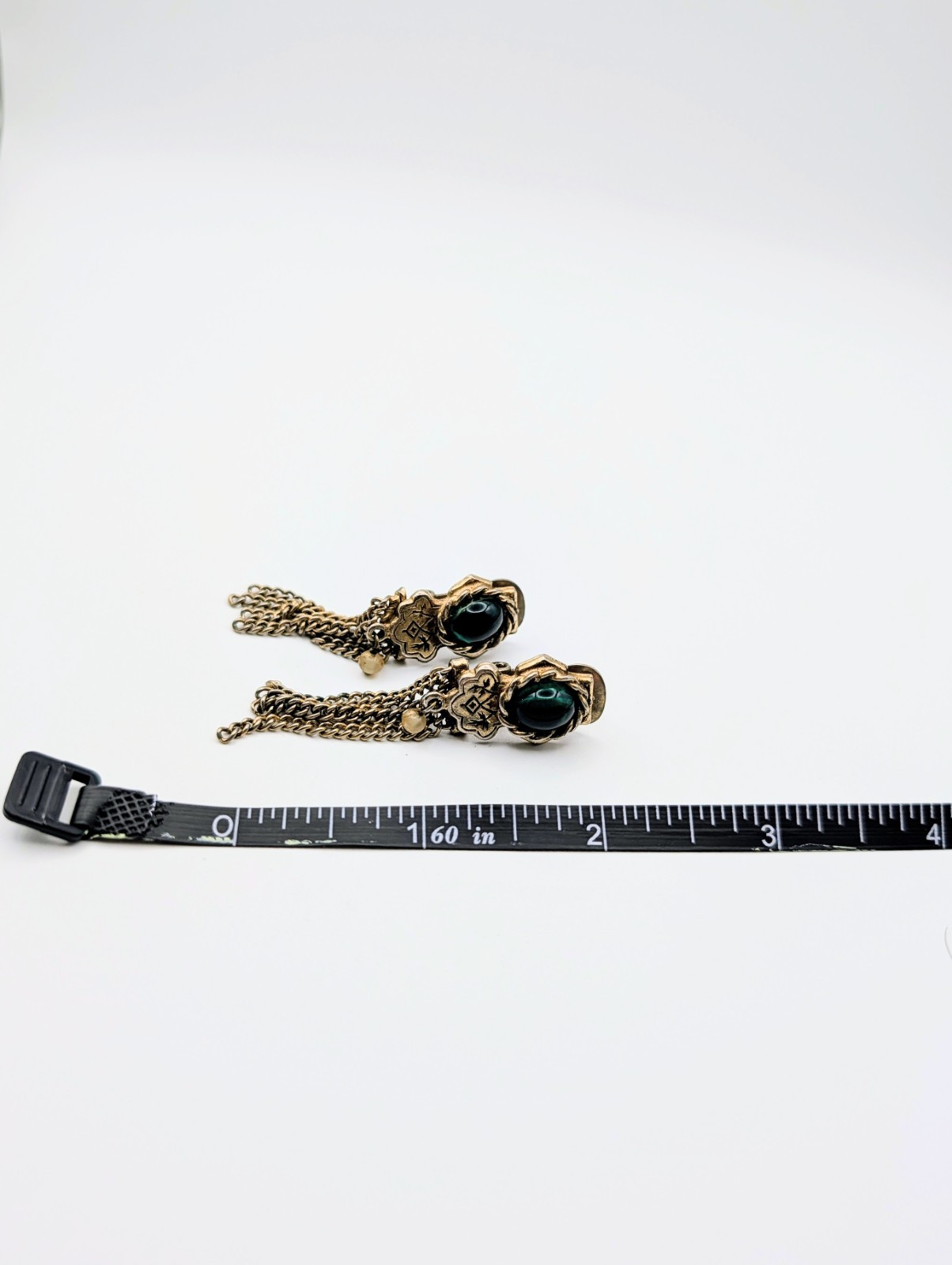 Vintage 1960s Gold Tone Tassel Clip On Earrings With Green Cabochon