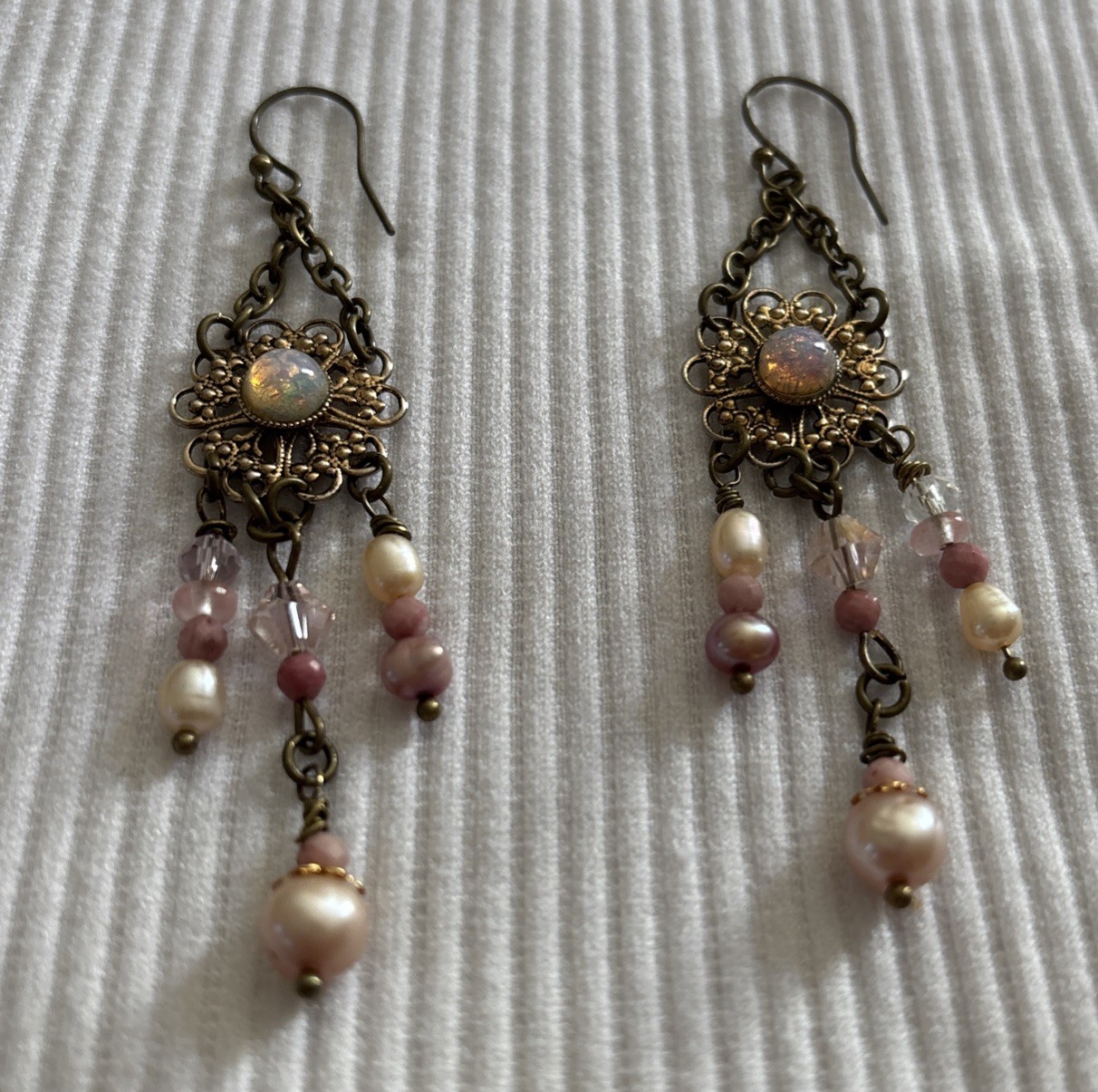 Vintage Boho Earrings Brass-Tone w/Opal-Glass on Alloy Filigree, Pearl+ danglers
