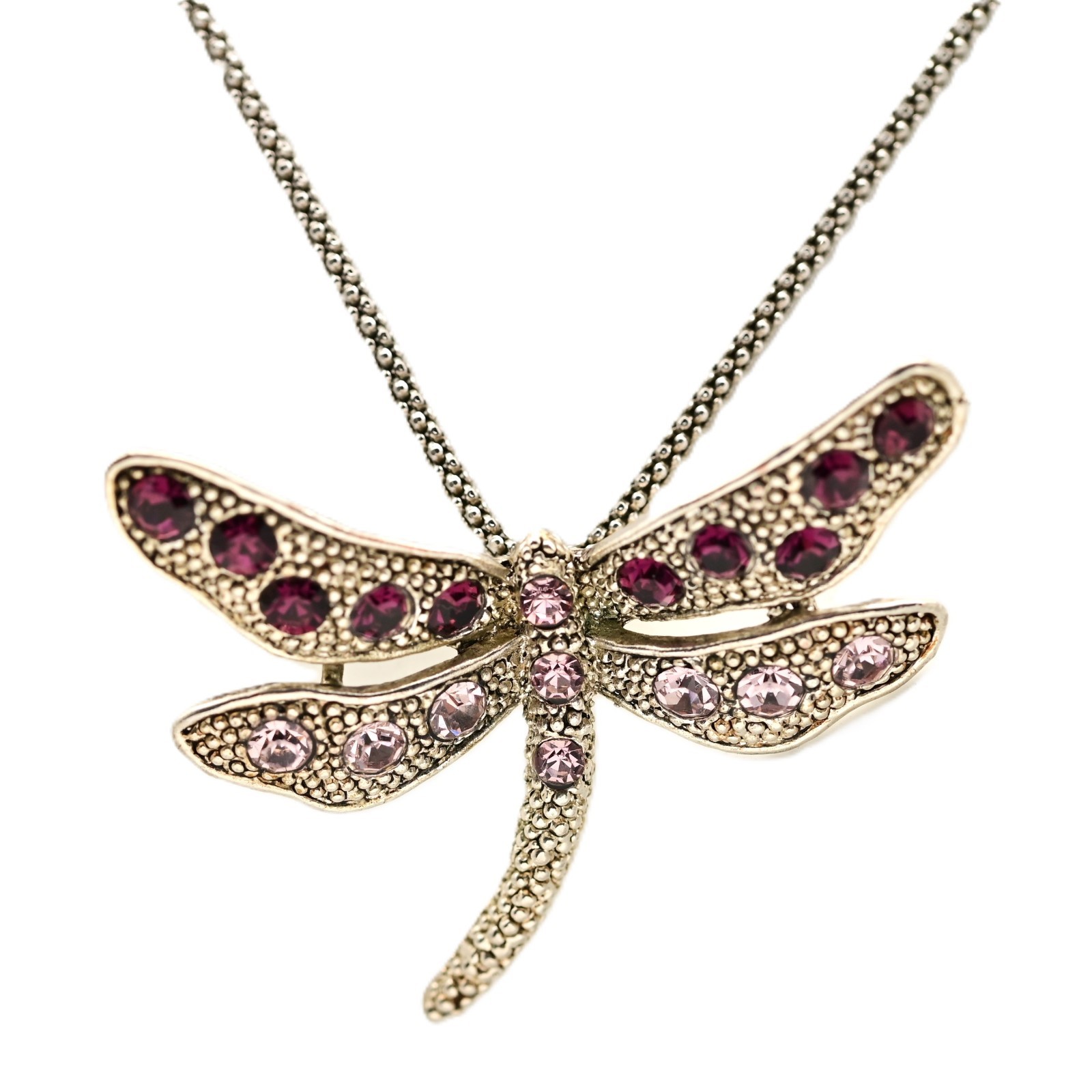 Vintage Original Sterling Silver Pink Gemstone Dragonfly Pendant Estate Necklace