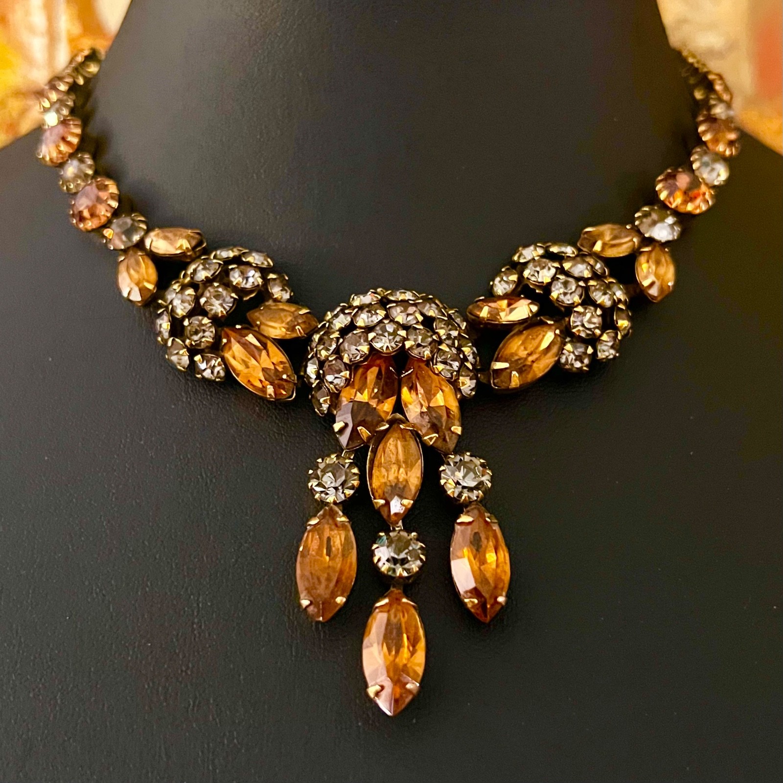 Vintage Kramer Tiered Topaz Honey Amber Rhinestone Necklace & Earrings Demi Set
