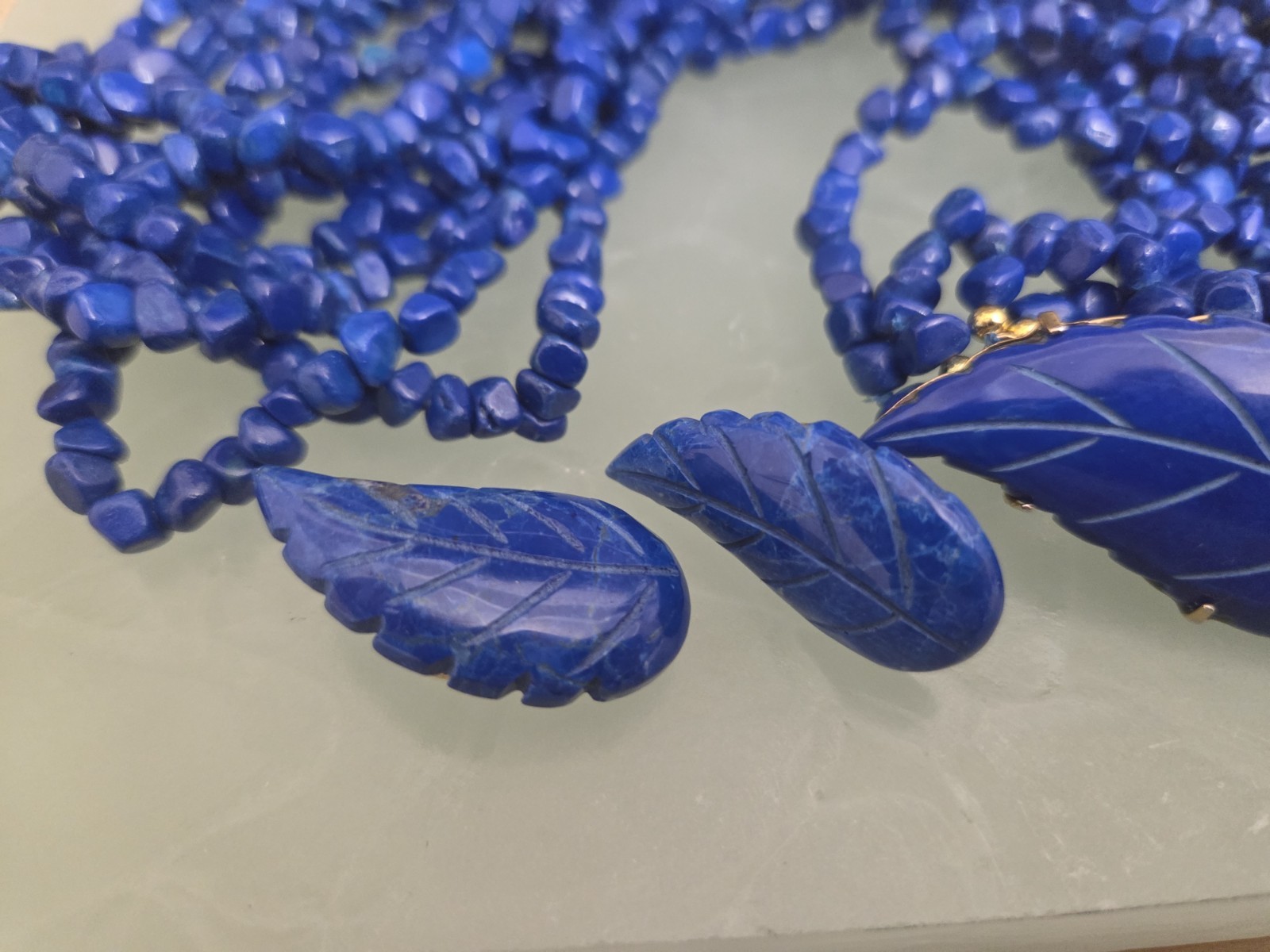 Vintage Multi Strand Necklace & Earrings Blue Lapis Lazuli Stone Carved Leaf