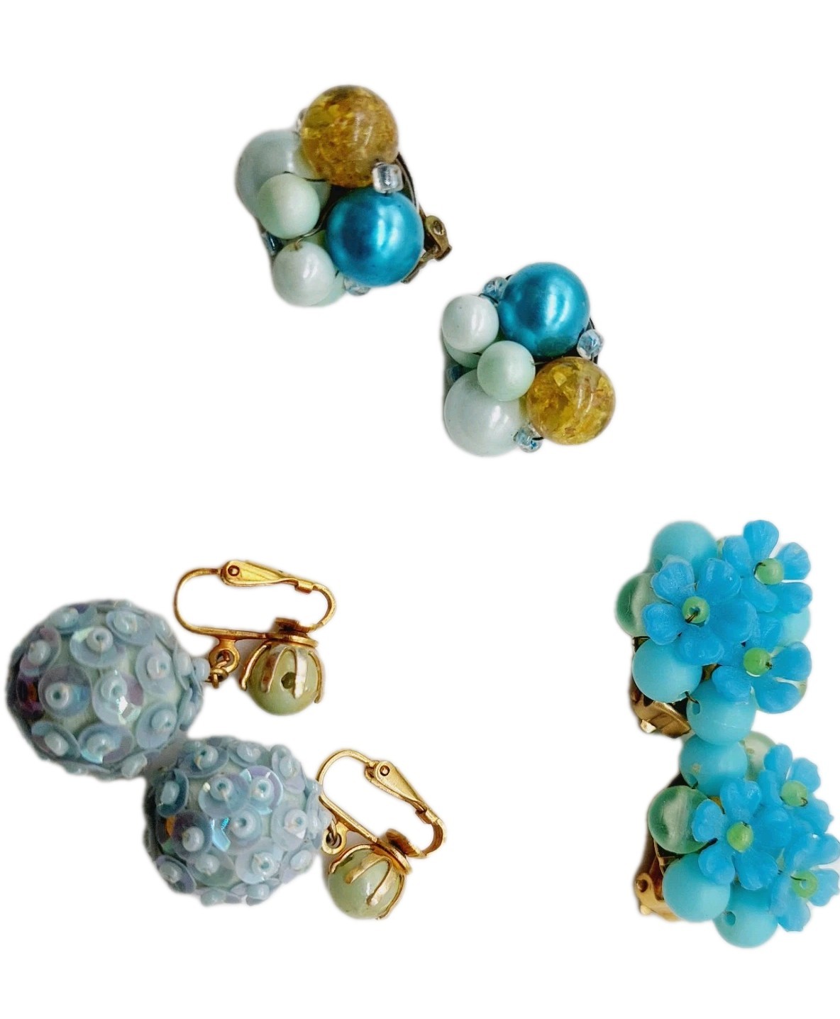 Blue Plastic Clip Earrings Hong Kong & Japan Set Of 3 Fabic Metal