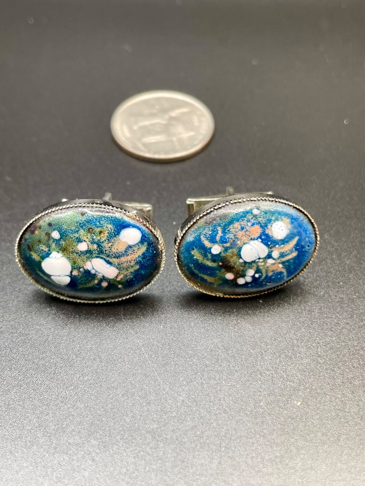 Vintage Mid Century Modernist Enamel Oval Silver Tone Cufflinks Blue Abstract