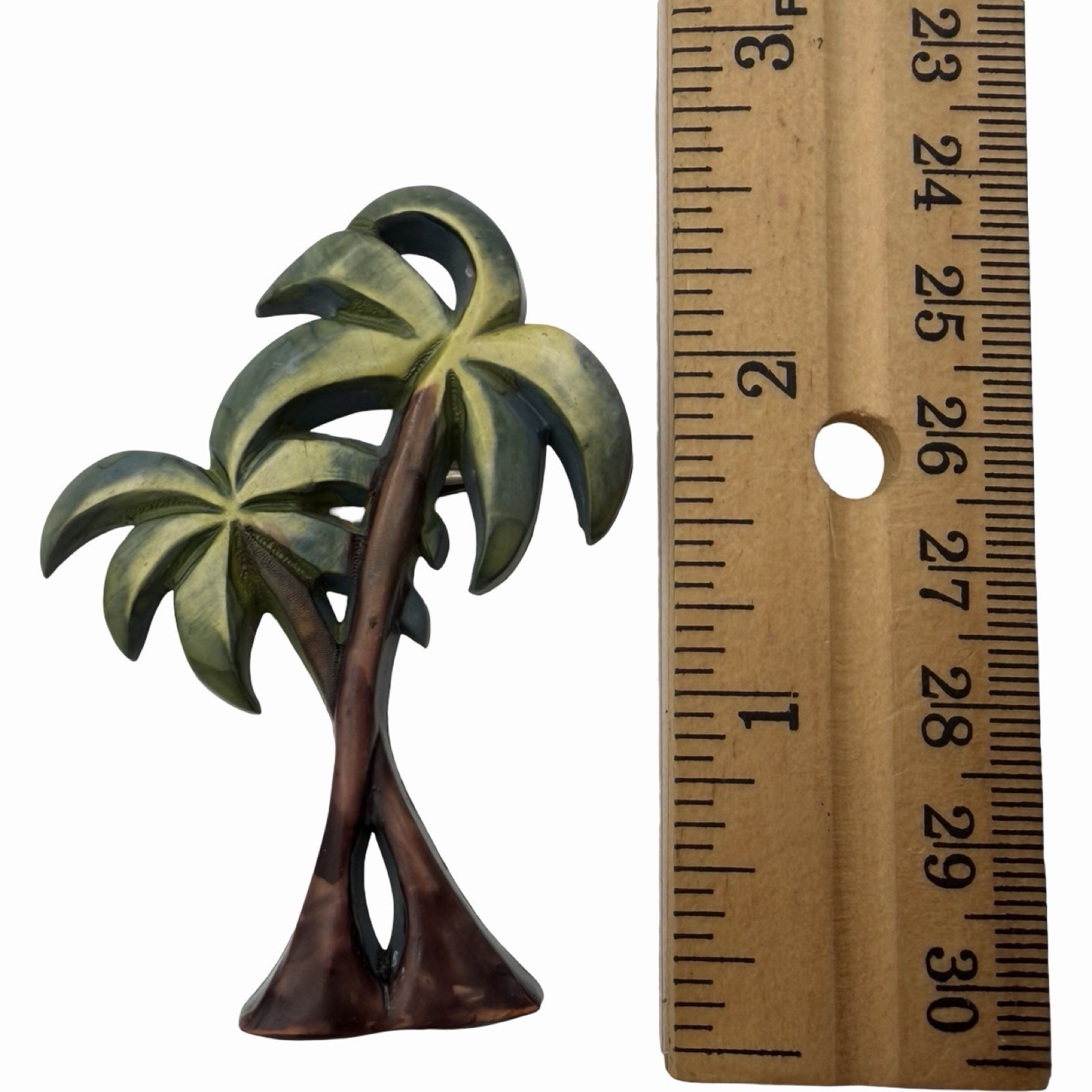 Vintage Celluloid Palm Tree Brooch Tropical Green Brown Figural Pin
