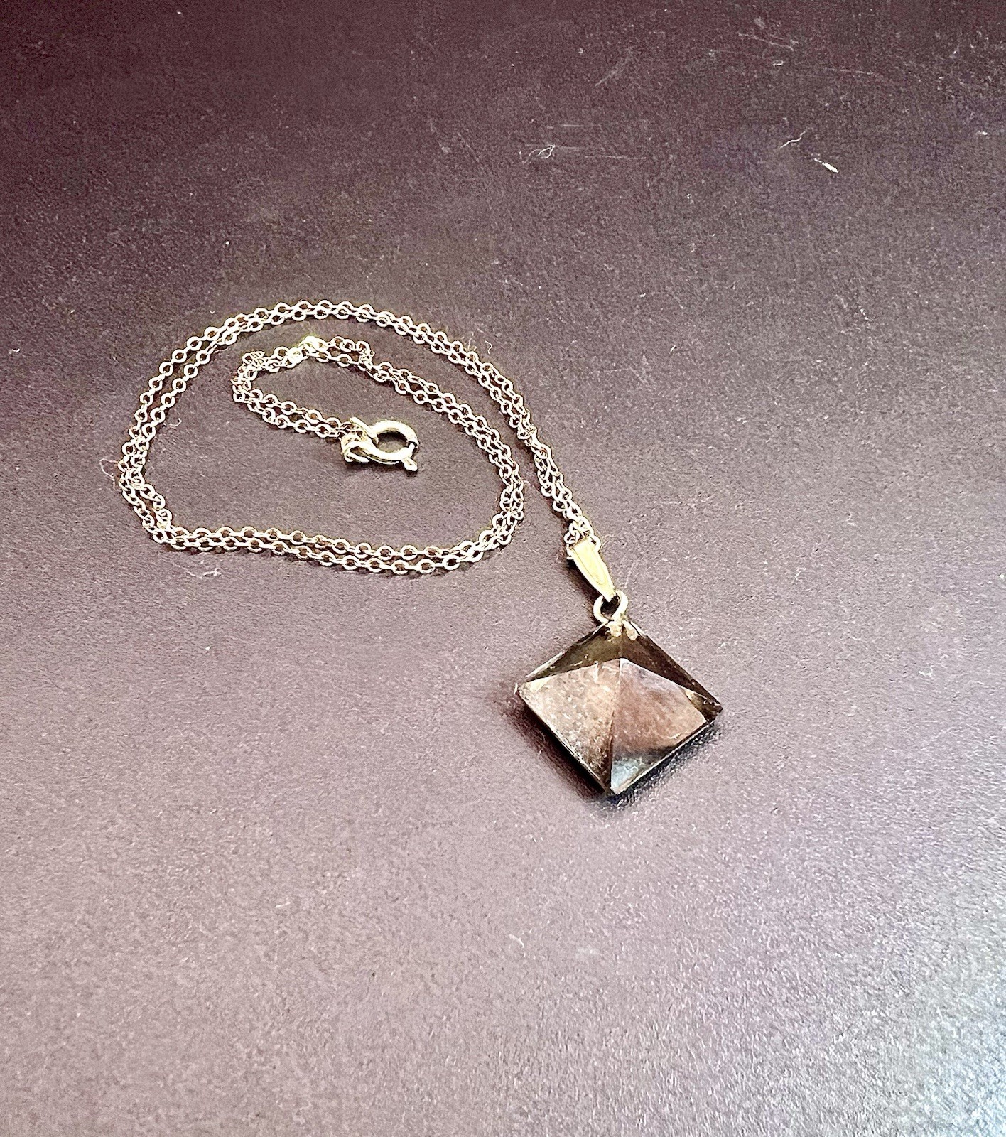 Vintage Dark Amber/Grey Crystal Pendant on 925 Sterling Silver Chain Length 16″