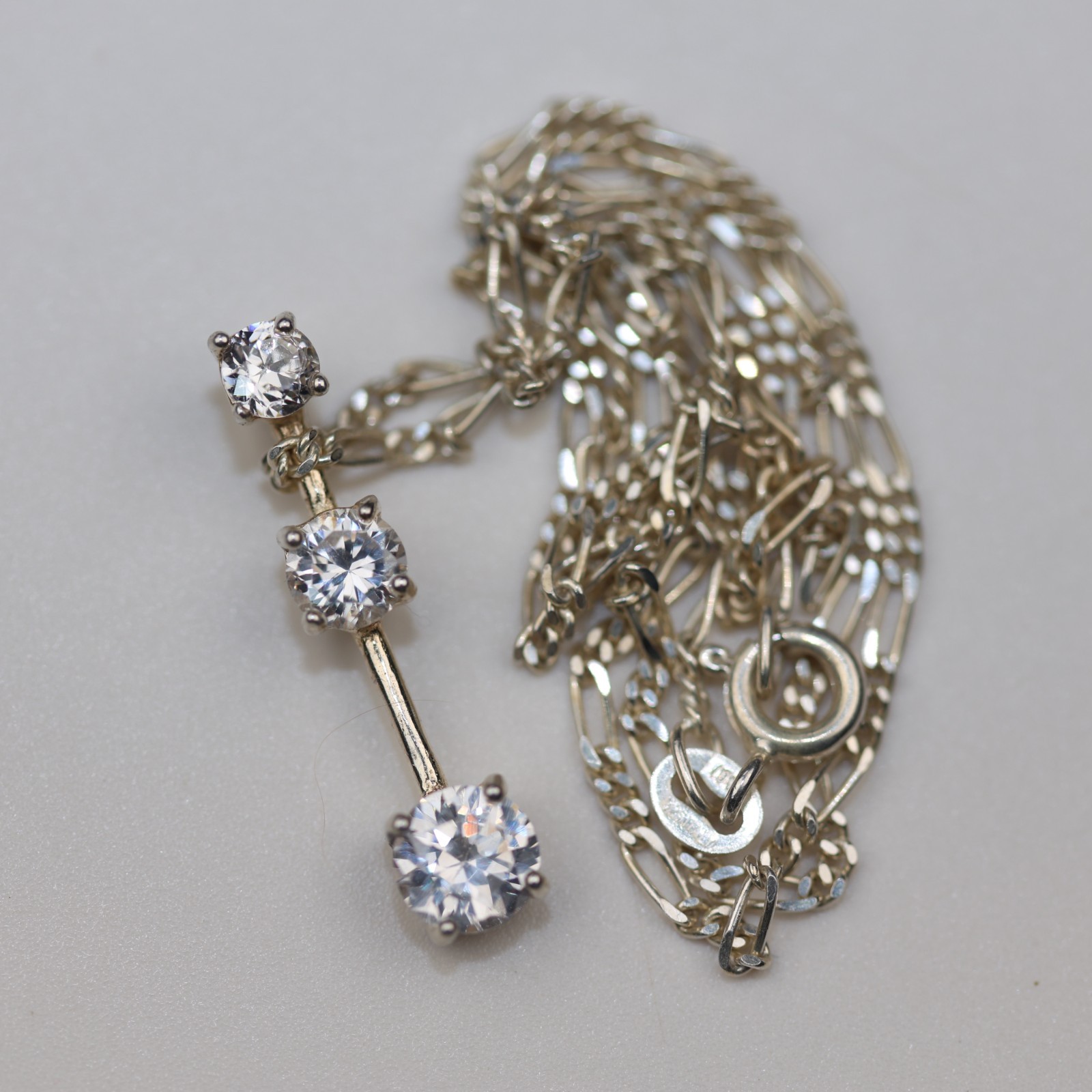 Bar Drop Triple Gemstone Pendant Necklace Sterling Silver