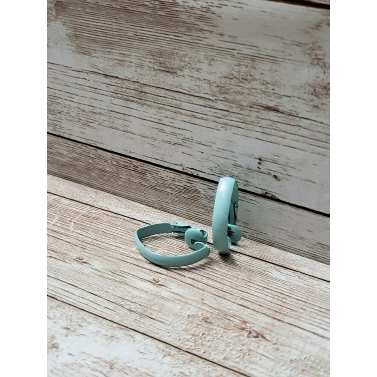 Vintage Clip On Earrings 1″ Aqua Blue Elongated Folded Hoop Retro