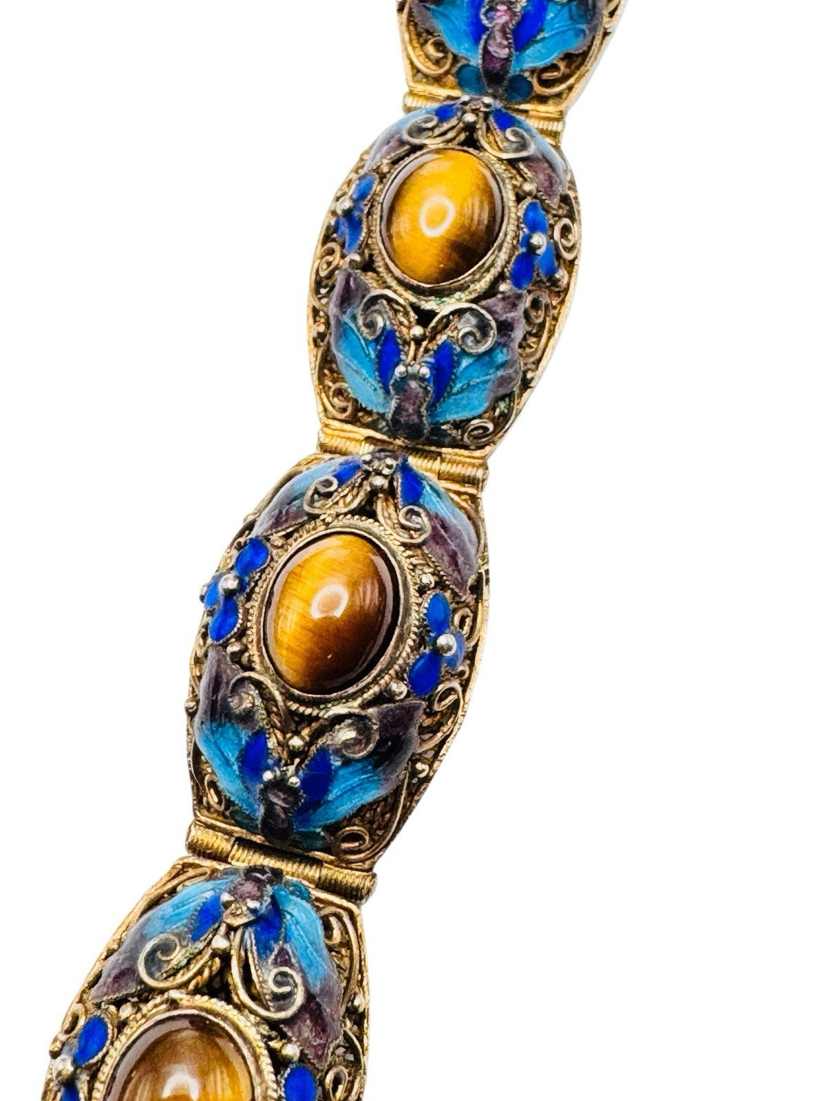 Vintage Chinese Export Gilt Silver Enamel Mesh Filigree Bracelet Tigers Eye Nice