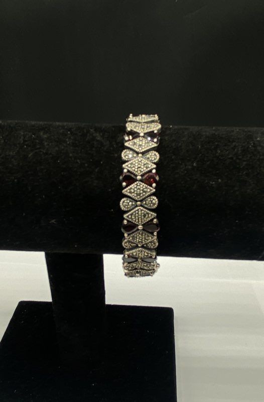 925 Sterling Silver Garnet Marcasite Bracelet Art Deco Style Vintage 7.25″ 32g