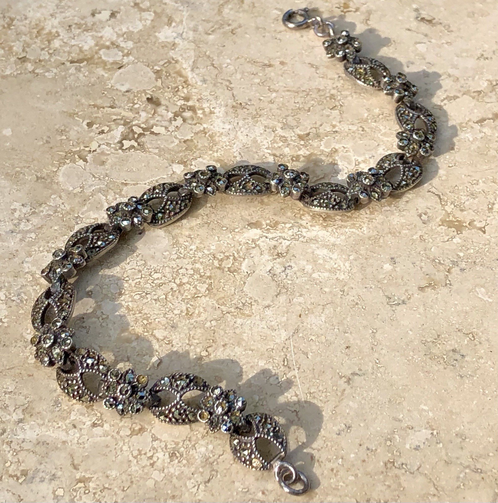 ✨VINTAGE Sterling Silver MARCASITE Floral 🌺Tennis Bracelet 🌟ESTATE Jewelry🌟