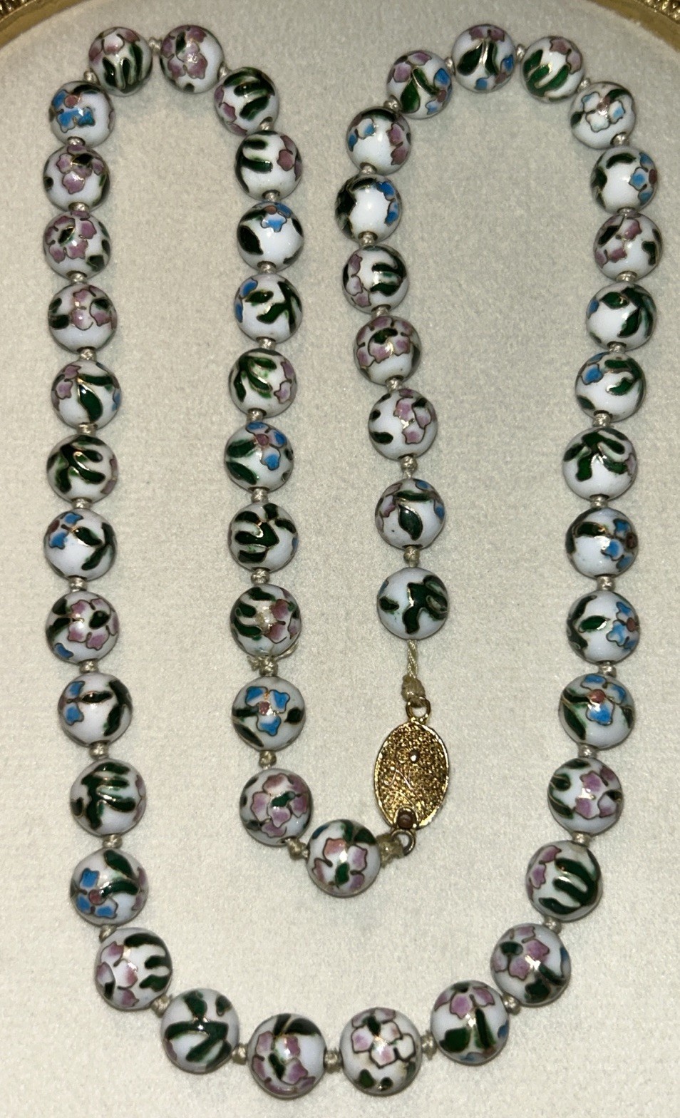 Vintage Cloisonné Enamel Beaded Necklace White Floral Hand Knotted 24” 1960s MCM