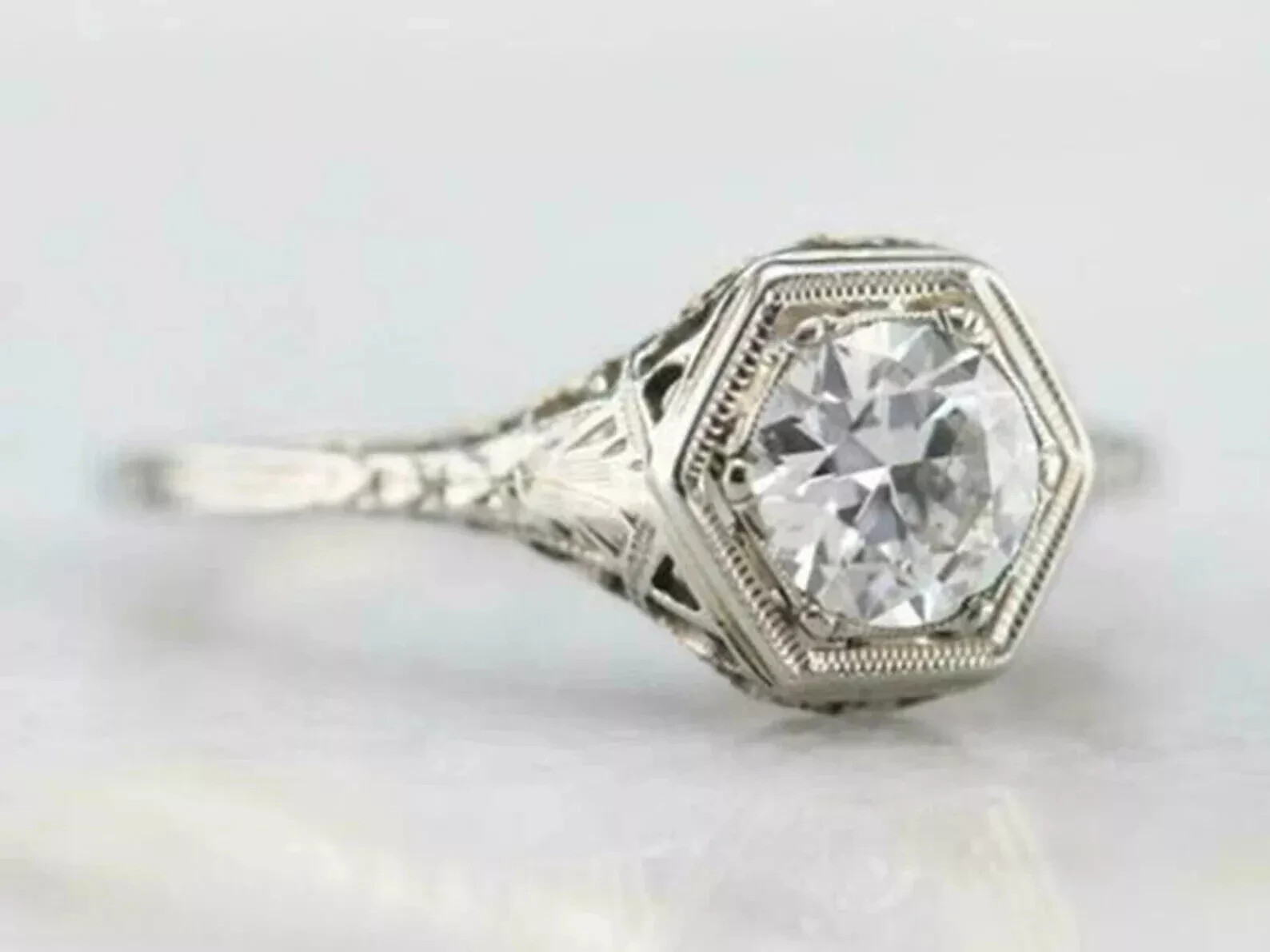 Vintage Art Deco 1Ct Round Lab Created Diamond 14K White Gold FN Engagement Ring