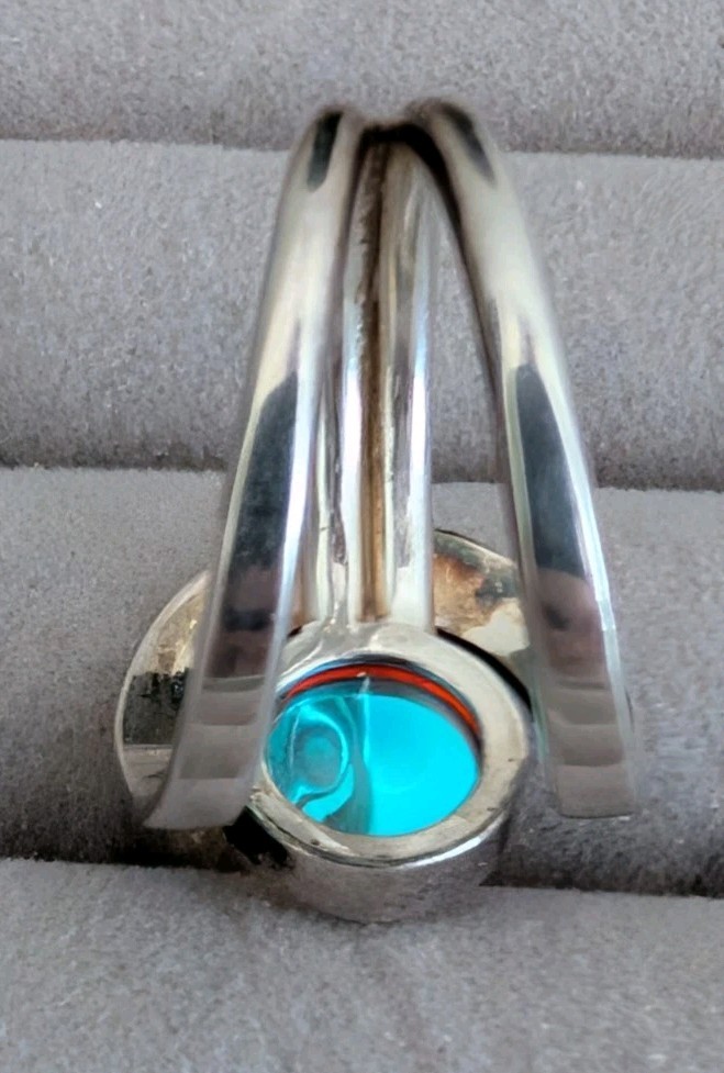 Vintage LW 925 Sterling Silver Moonstone Bypass Hippie Ring Modernist Size 7-8