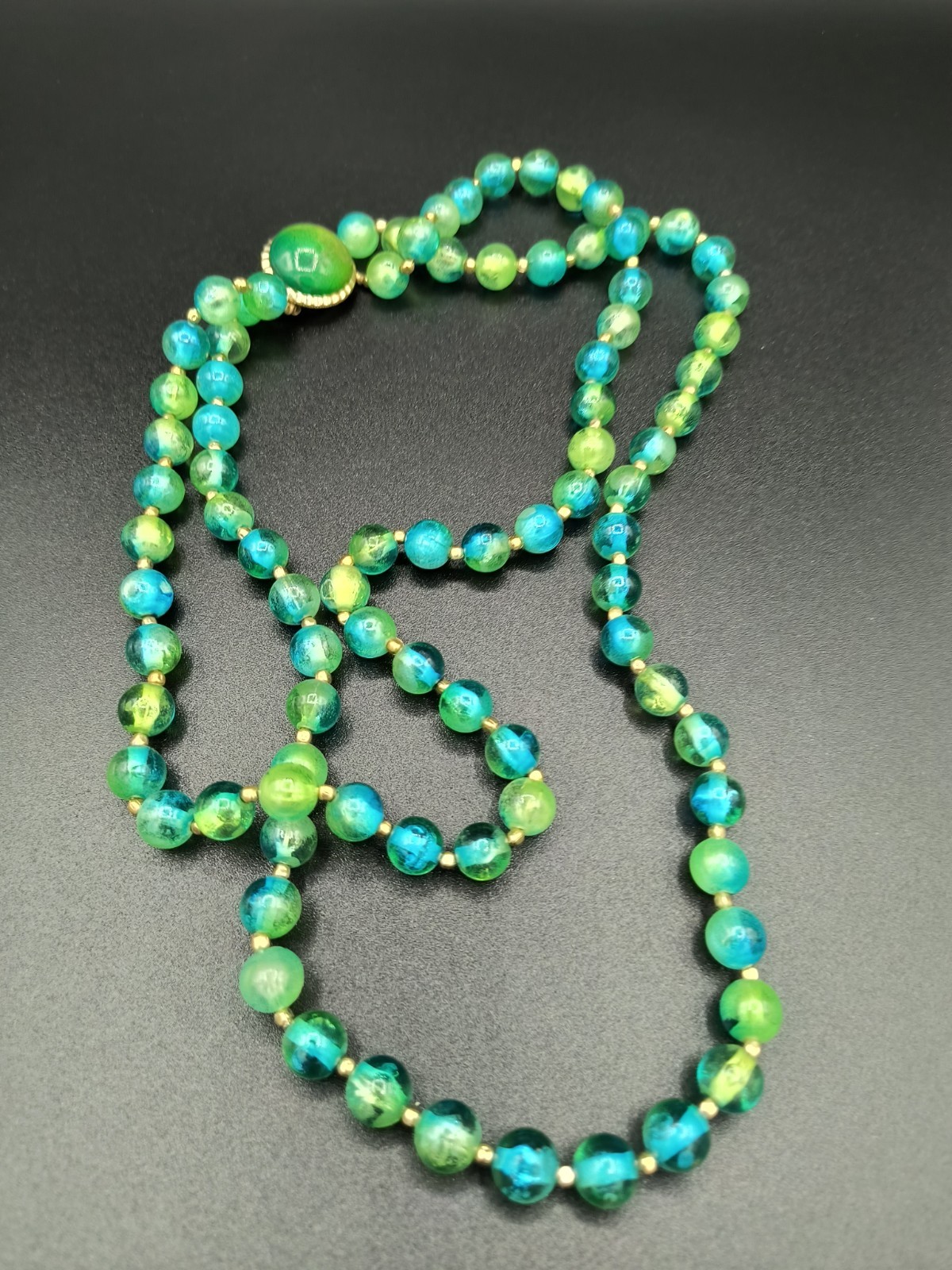 Vtg Hong Kong Translucent Green Teal Ombre Double Strand Bead Strand Necklace