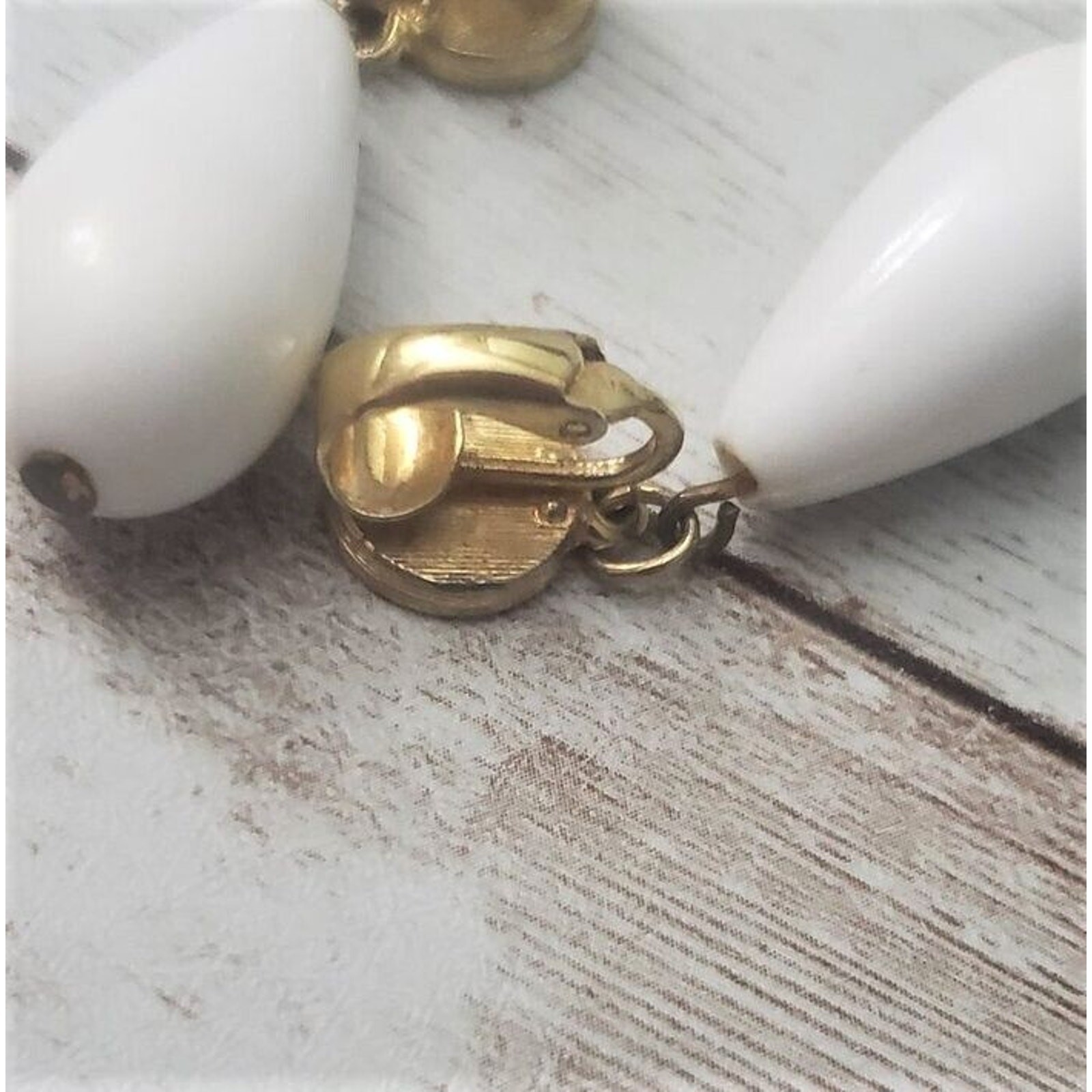 Vintage Clip On Earrings – Elongated White Dangle 1 & 5/8″