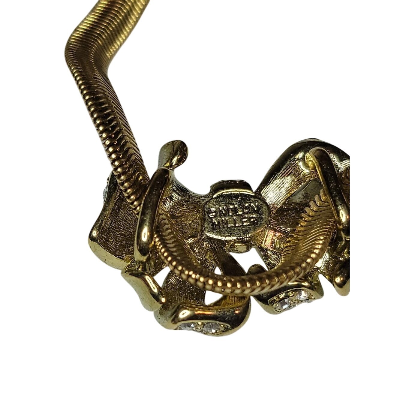 Vintage Nolan Miller Rhinestone Bow Necklace Gold Tone Snake Chain Statement